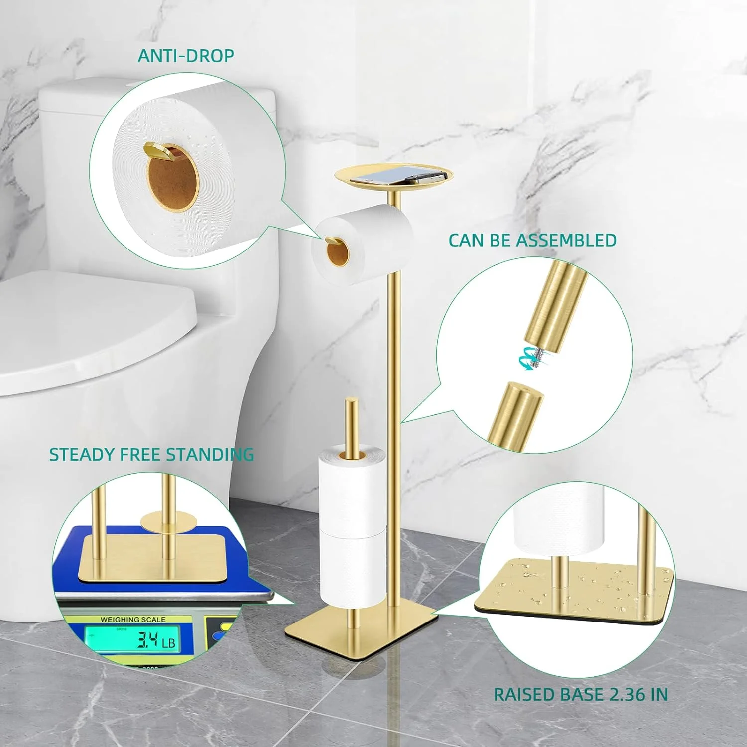 پایه نگهدارنده رول دستمال توالت FEILERN، مناسب برای قرارگیری در حمام، دارای محفظه ذخیره سازی 4 رول اضافی، به همراه قفسه بالایی برای نگهداری تلفن همراه، دستمال مرطوب، کیف پول و موارد دیگر (طلایی) پایه نگهدارنده رول دستمال توالت FEILERN، مناسب برای قرارگیری در حمام، دارای محفظه ذخیره سازی 4 رول اضافی، به همراه قفسه بالایی برای نگهداری تلفن همراه، دستمال مرطوب، کیف پول و موارد دیگر (طلایی)