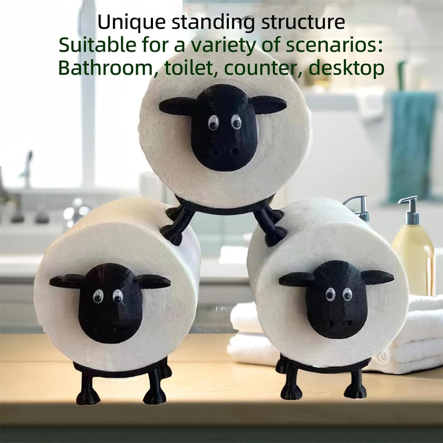 جا دستمال رولی گوسفندی FEJYTOR، استند نگهداری دستمال کاغذی، سبد دستمال دیواری برای قفسه حمام، میز، پیشخوان، کف، هدیه منحصر به فرد برای خانه نو، دکور حمام، مشکی (3 عدد)