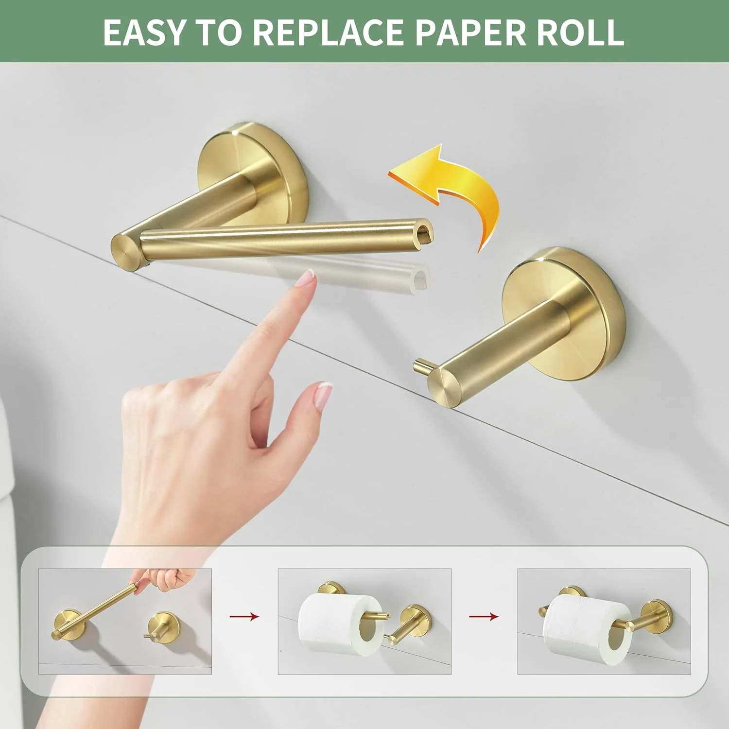 نگهدارنده کاغذ توالت طلایی FAIRGIA، نگهدارنده رول کاغذ توالت، نصب دیواری، استیل ضد زنگ SUS304 با میله دوبل چرخشی