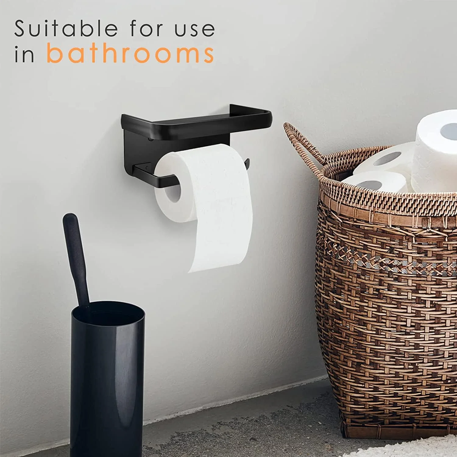 نگهدارنده دستمال توالت Excefore با قفسه - نگهدارنده دستمال توالت چسبی استیل ضد زنگ SUS 304، نگهدارنده دستمال توالت، نگهدارنده رول دستمال توالت یا نصب دیواری با پیچ برای حمام (مشکی)