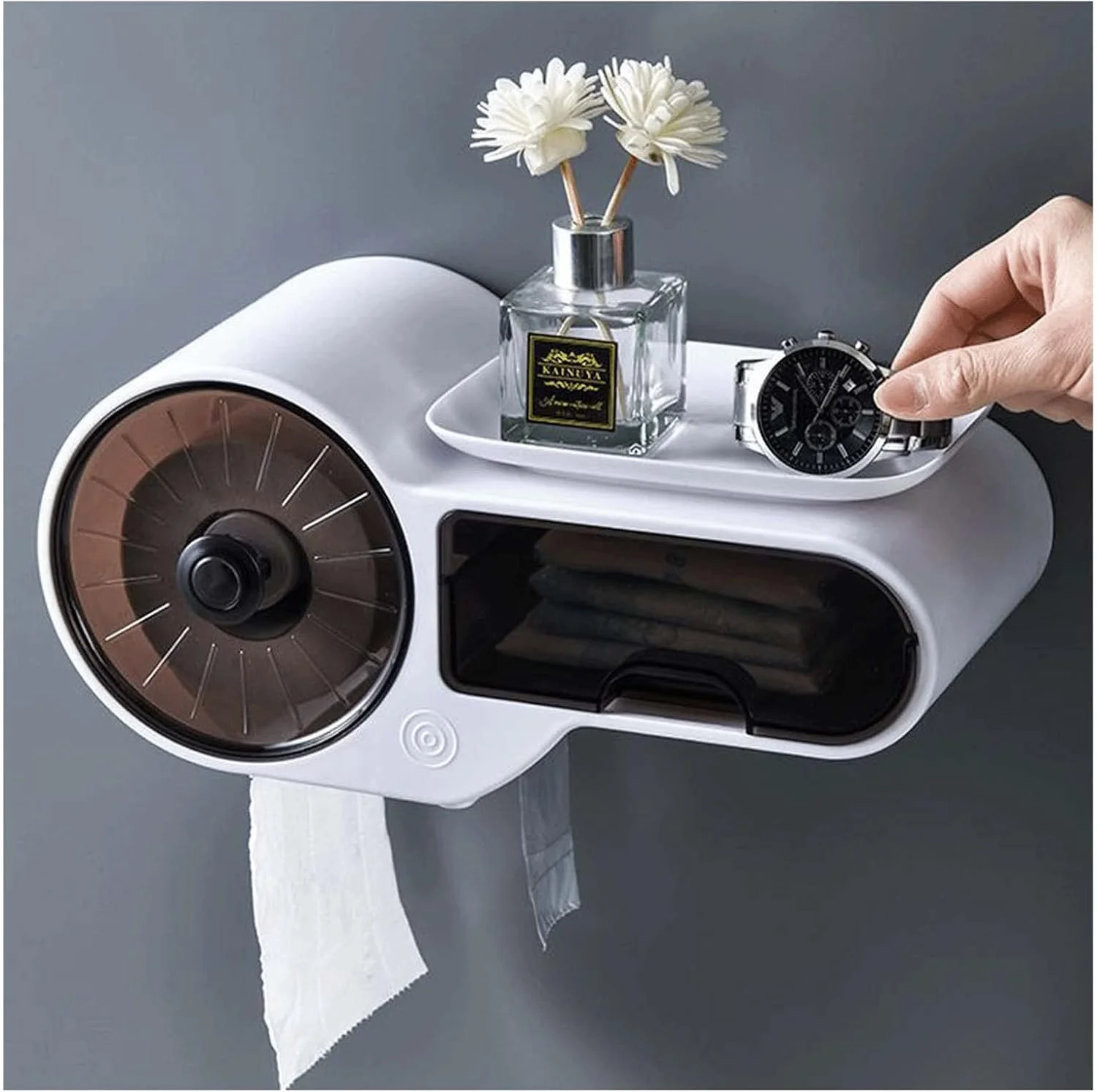 جعبه دستمال کاغذی حمام EdirFtra، جا دستمال توالت با جعبه ذخیره سازی، نگهدارنده دستمال توالت، پخش کننده حوله کاغذی دیواری، جعبه نگهدارنده دستمال کاغذی رول پلاستیکی ضد آب و سبک وزن خود چسب