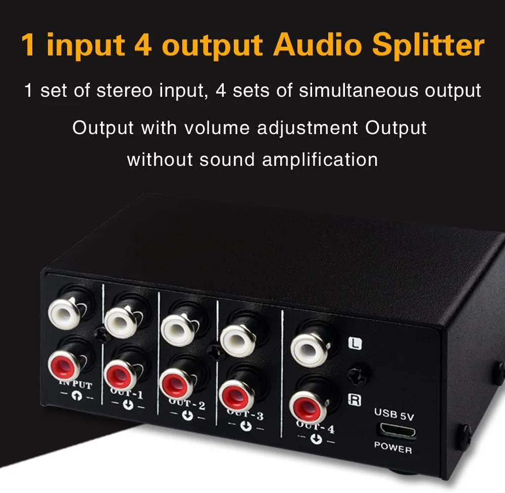 OUNA Signal Distributor, B063 1 in 4 out Audio Signal Distributor Stereo Signal Source Audio Splitter Lossless Output USB 5V Powered RCA Interface OUNA Signal Distributor, B063 1 in 4 out Audio Signal Distributor Stereo Signal Source Audio Splitter Lossless Output USB 5V Powered RCA Interface