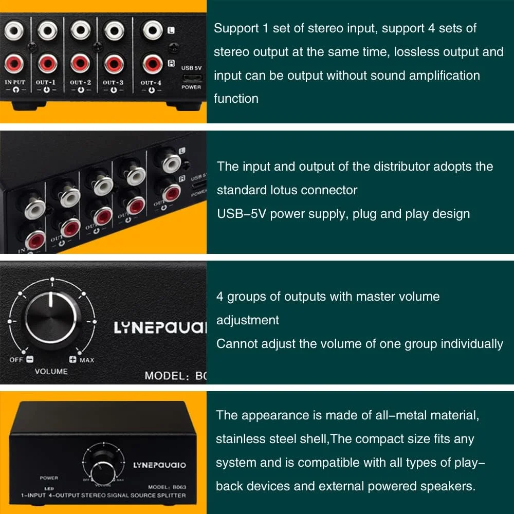 OUNA Signal Distributor, B063 1 in 4 out Audio Signal Distributor Stereo Signal Source Audio Splitter Lossless Output USB 5V Powered RCA Interface OUNA Signal Distributor, B063 1 in 4 out Audio Signal Distributor Stereo Signal Source Audio Splitter Lossless Output USB 5V Powered RCA Interface
