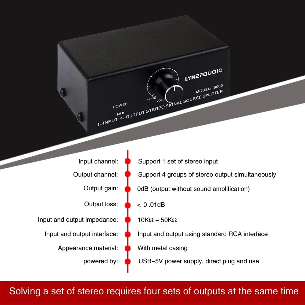 OUNA Signal Distributor, B063 1 in 4 out Audio Signal Distributor Stereo Signal Source Audio Splitter Lossless Output USB 5V Powered RCA Interface OUNA Signal Distributor, B063 1 in 4 out Audio Signal Distributor Stereo Signal Source Audio Splitter Lossless Output USB 5V Powered RCA Interface