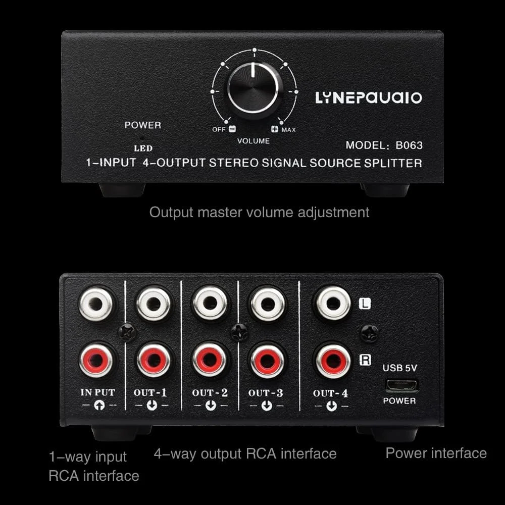 OUNA Signal Distributor, B063 1 in 4 out Audio Signal Distributor Stereo Signal Source Audio Splitter Lossless Output USB 5V Powered RCA Interface OUNA Signal Distributor, B063 1 in 4 out Audio Signal Distributor Stereo Signal Source Audio Splitter Lossless Output USB 5V Powered RCA Interface