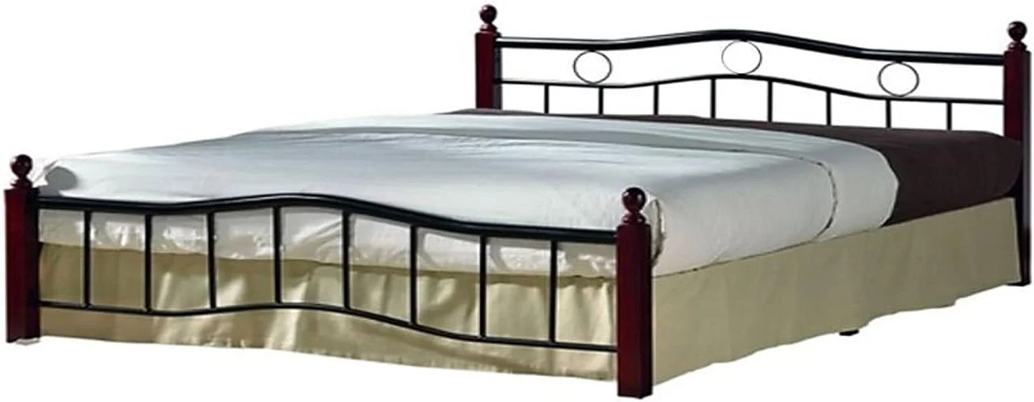 تخت دو نفره چوبی و فلزی AWF AL WADI FURNITURE از سال 1991، سایز کوئین، رنگ بلوطی قهوه ای ماهگونی با پایه های چوبی، پایه فلزی لت دار و تکیه گاه های مرکزی متعدد - 159 x 199 سانتی متر