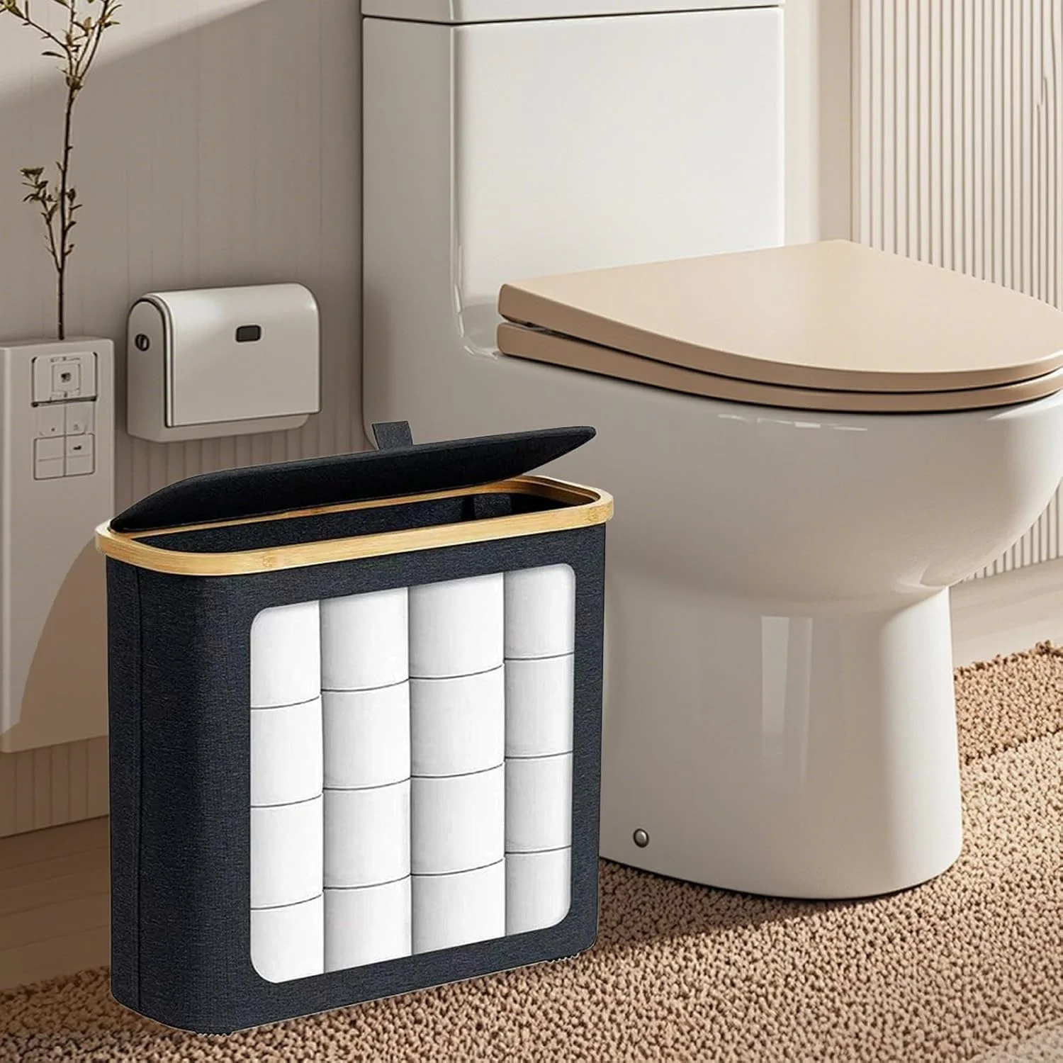 جا دستمال کاغذی رولی - سبد نگهدارنده دستمال توالت برای 12 رول | سطل ایستاده درب دار برای دستمال کاغذی، مناسب خانه، کابینت، گوشه روشویی، قفسه حمام، کف آپارتمان، خوابگاه