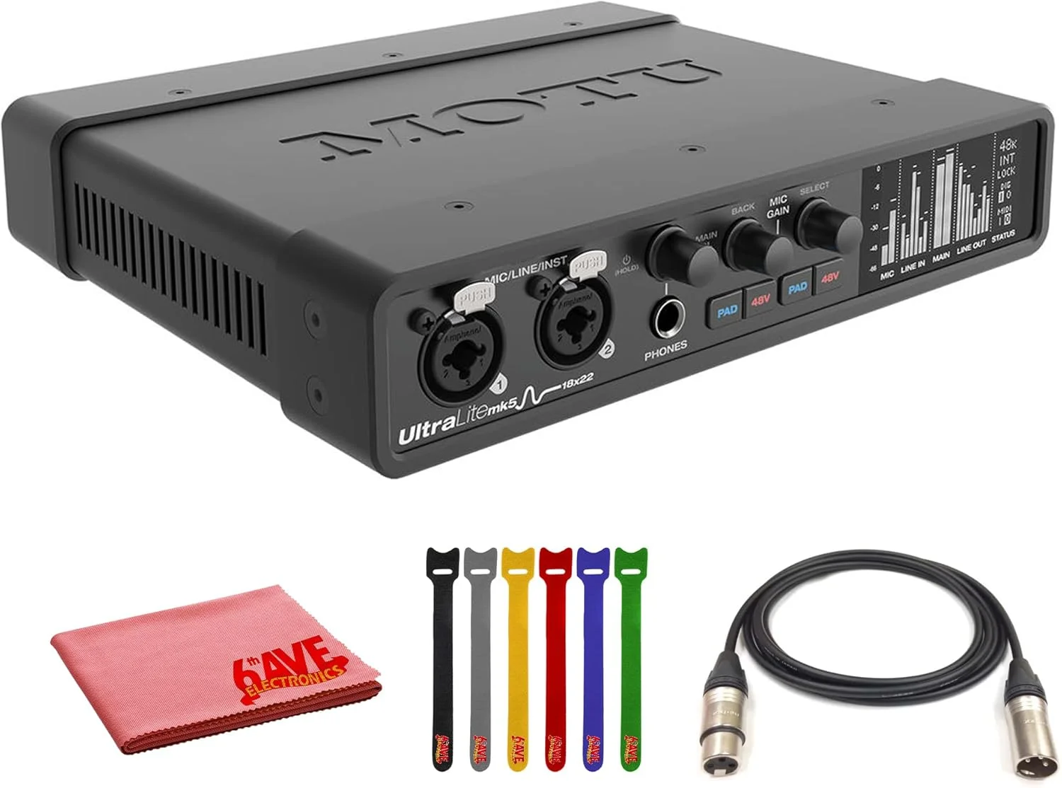اینترفیس صوتی/MIDI یو اس بی-سی MOTU UltraLite-mk5 (8453) به همراه کابل XLR 10 فوتی، پارچه فیبر، بست کمربندی کابل