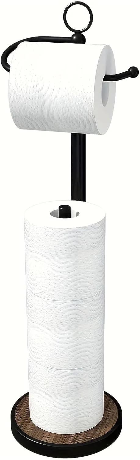 جا دستمال کاغذی ایستاده با قابلیت نگهداری 4 رول، استیل ضد زنگ با پایه چوبی طرح‌دار وزن‌دار، نگهدارنده رول دستمال کاغذی کم‌جا برای حمام - مشکی