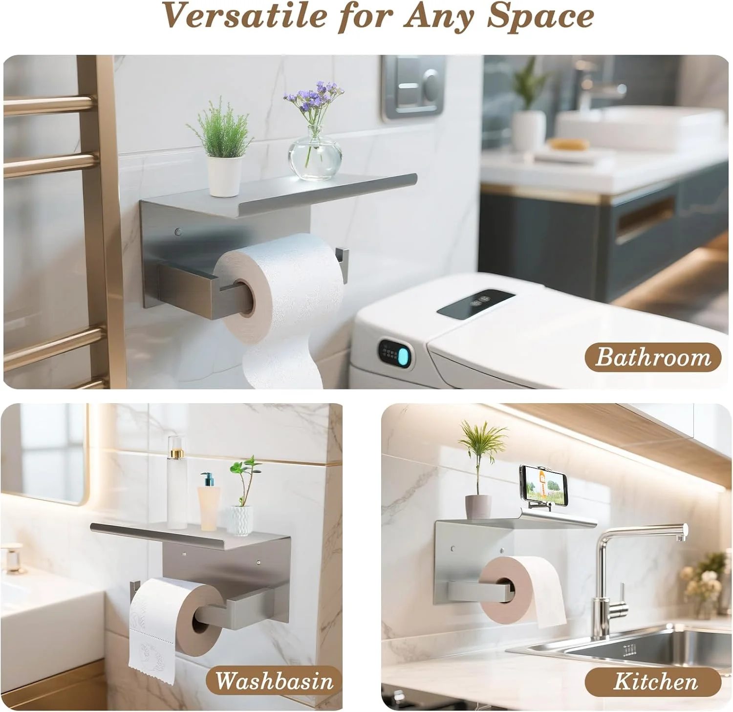 جا دستمال کاغذی دیواری Aneder با قفسه، نگهدارنده رول دستمال توالت نیکل برس خورده، سازمان دهنده ذخیره سازی برای تلفن، کتاب، گیاه، رول اضافی، نصب آسان با لوازم جانبی