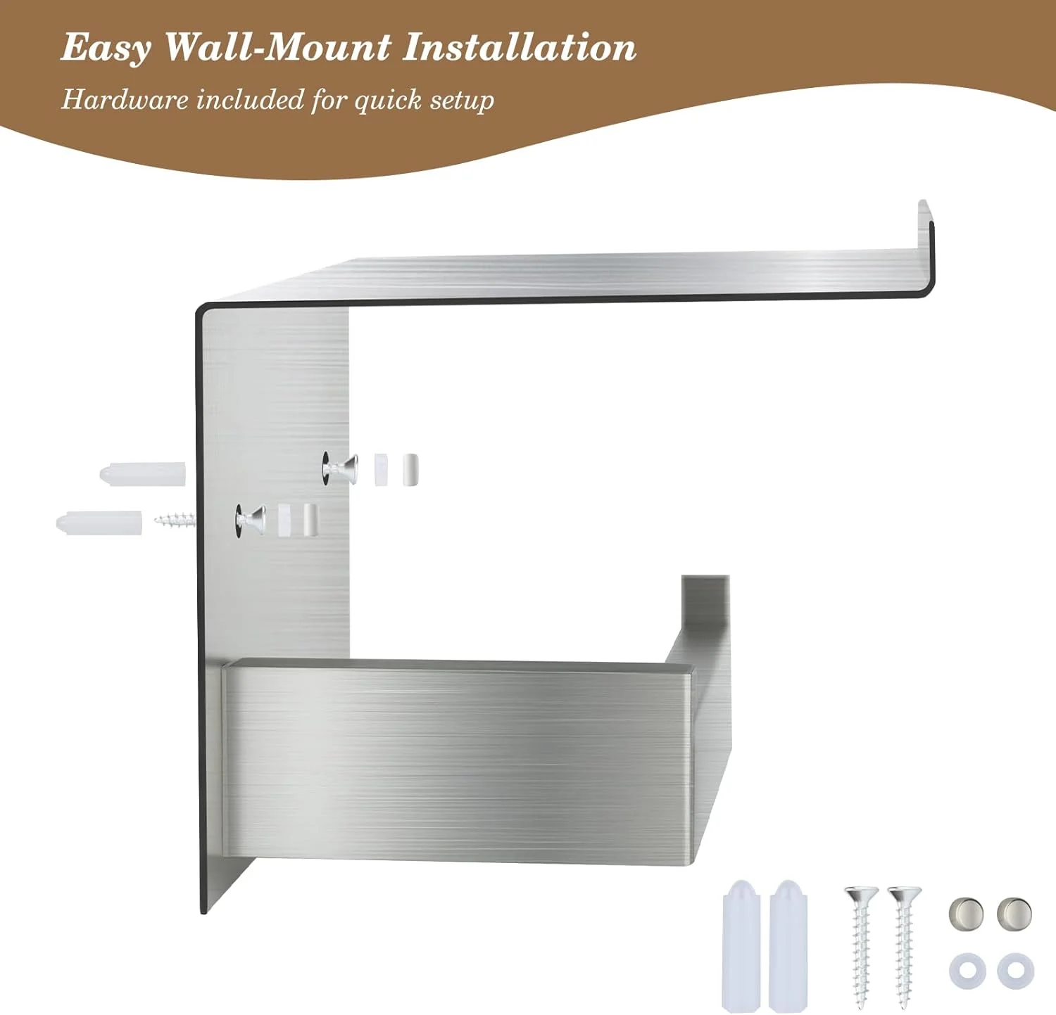 جا دستمال کاغذی دیواری Aneder با قفسه، نگهدارنده رول دستمال توالت نیکل برس خورده، سازمان دهنده ذخیره سازی برای تلفن، کتاب، گیاه، رول اضافی، نصب آسان با لوازم جانبی