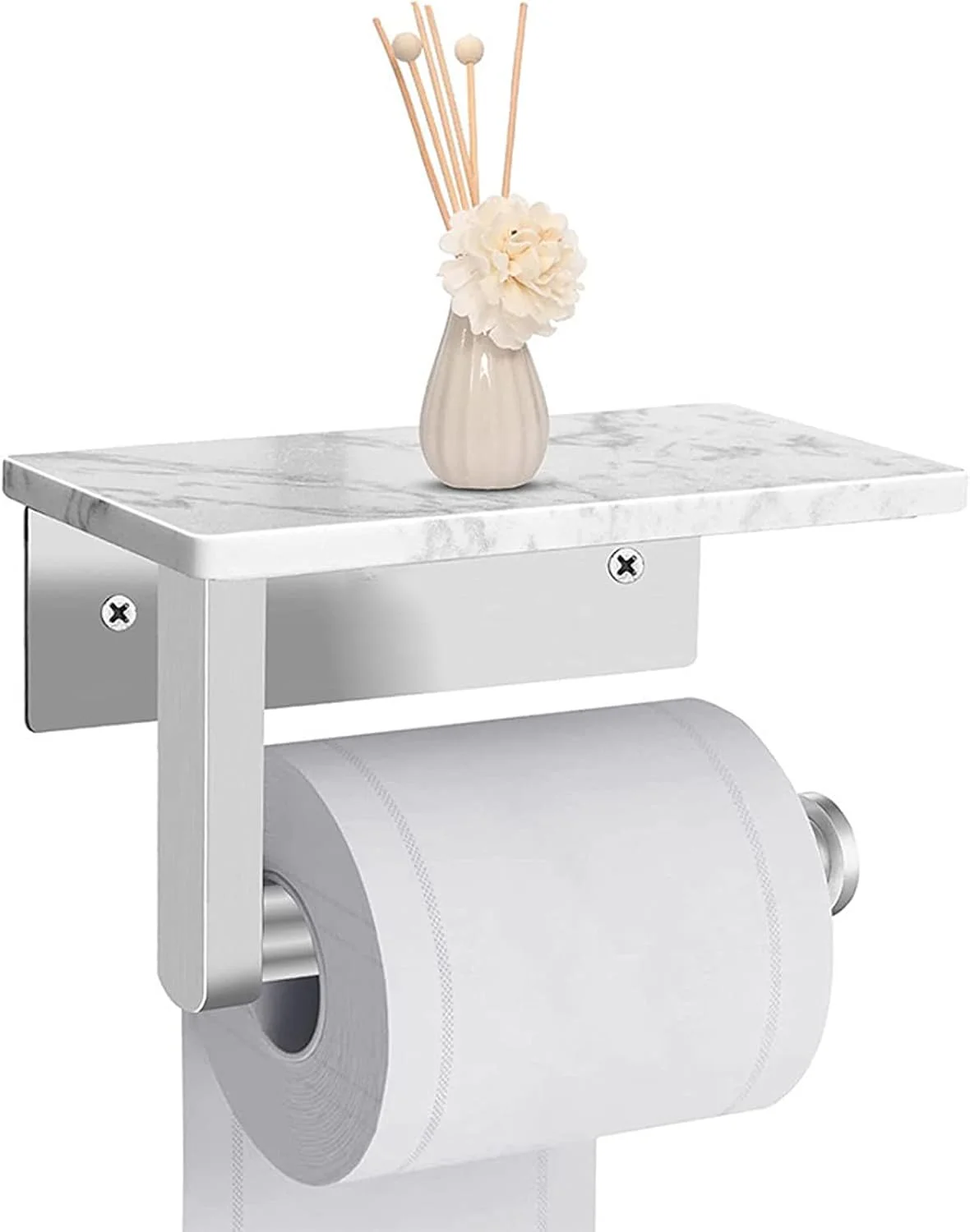 DAYELIVE Brushed Nickel Toilet Paper Holder Wall Mounted with Marble Shelf, Tissue Roll Holder 304 Stainless Steel for Bathroom Washroom, Screw-in Modern Toilet Paper Holder Adhesive