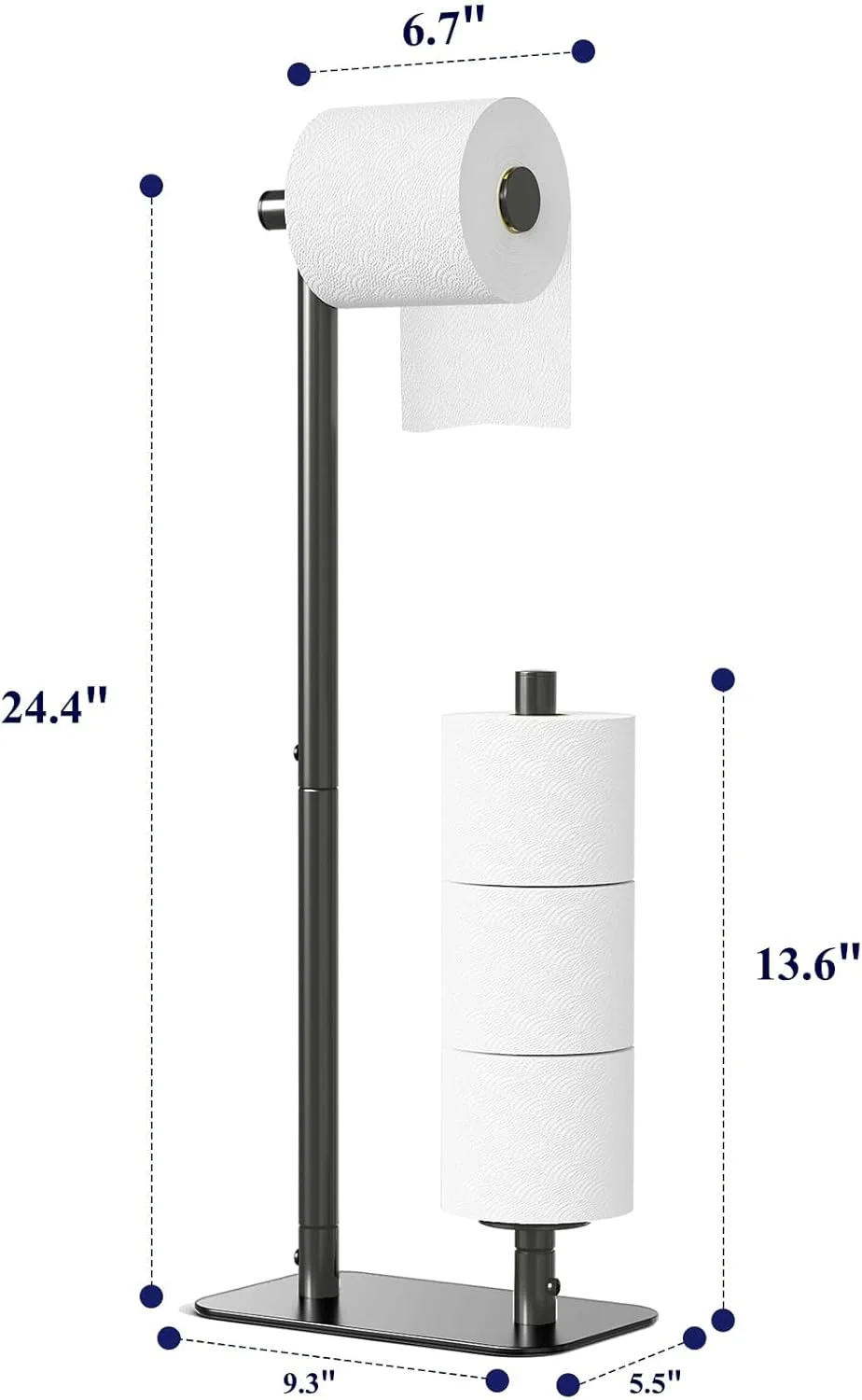 جا دستمال توالت ایستاده CENXI - جا دستمال کاغذی با ظرفیت بزرگ برای 4 رول، پایه دستمال توالت ضد زنگ با پایه ثابت ضد لغزش، مشکی، 20 * 13 * 56.5 سانتی متر