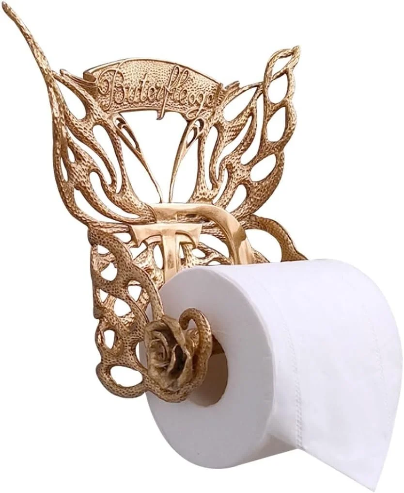 جا کاغذی رولی طرح پروانه و گل رز وینتیج، جا دستمال توالت رول اروپایی رترو، جا دستمال کاغذی دیواری، دکوراسیون دیواری لوکس برنجی، نصب با دریل