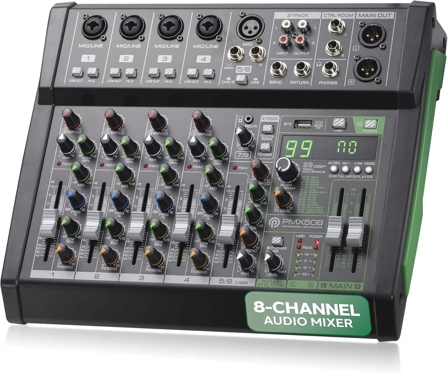 میکسر صوتی 8 کاناله Pyle - میکسر استودیو/کنترلر DJ بلوتوث 5.0 با افکت های دیجیتال - رابط USB - سازگار با MP3 - ورودی های XLR و نمایشگر LED - سیستم برد صدای میکس صدا - PMX508