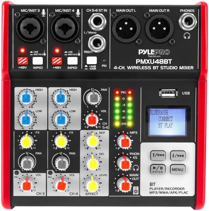 میکسر صوتی استودیویی پایل - میکسر دیجیتال حرفه ای قابل حمل 4 کانال سازگار با بلوتوث DJ با رابط صوتی میکسر USB - بردهای میکسر برای ضبط استودیویی - PMXU48BT