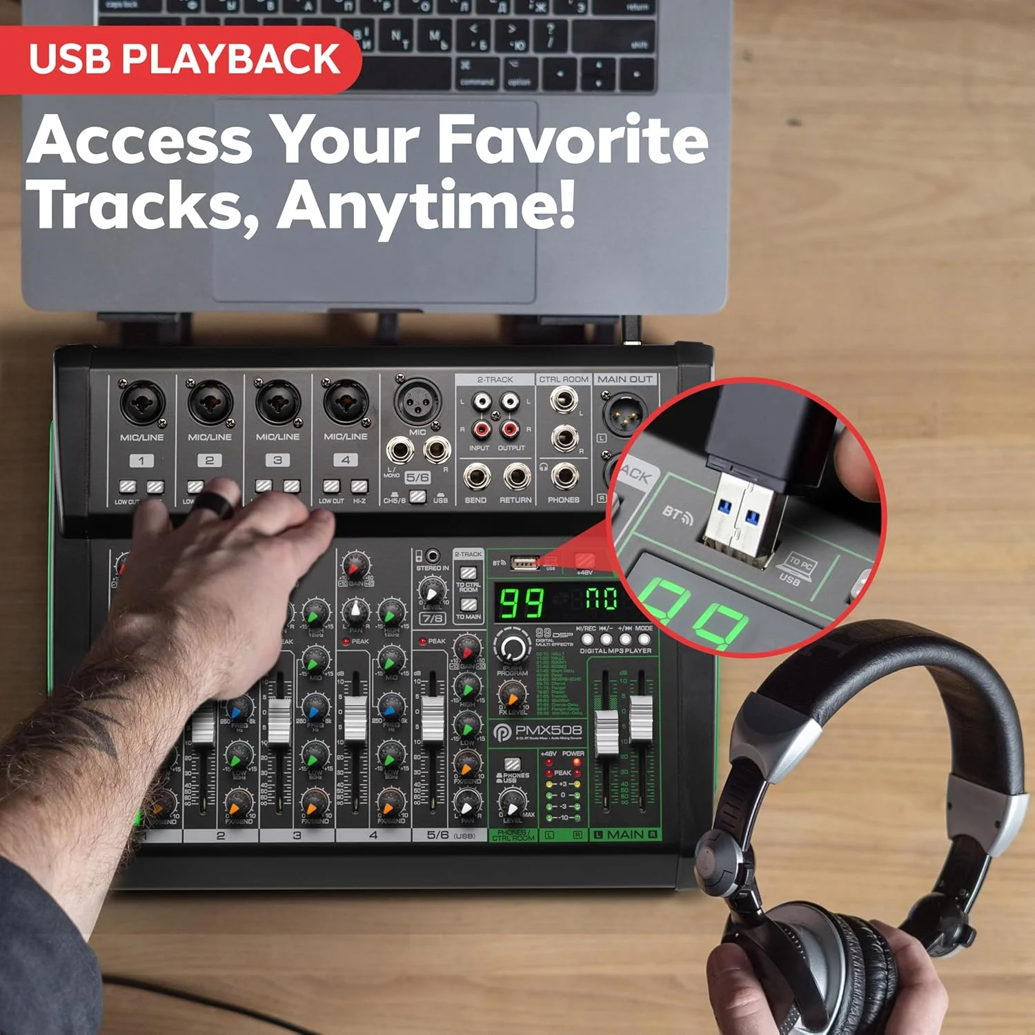 میکسر صوتی 8 کاناله Pyle - میکسر استودیو/کنترلر DJ بلوتوث 5.0 با افکت های دیجیتال - رابط USB - سازگار با MP3 - ورودی های XLR و نمایشگر LED - سیستم برد صدای میکس صدا - PMX508 میکسر صوتی 8 کاناله Pyle - میکسر استودیو/کنترلر DJ بلوتوث 5.0 با افکت های دیجیتال - رابط USB - سازگار با MP3 - ورودی های XLR و نمایشگر LED - سیستم برد صدای میکس صدا - PMX508