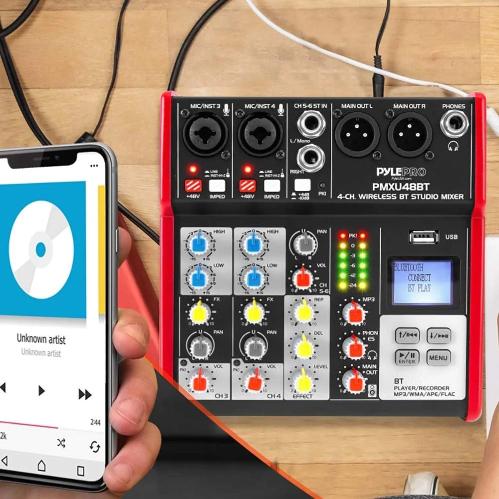 میکسر صوتی استودیویی پایل - میکسر دیجیتال حرفه ای قابل حمل 4 کانال سازگار با بلوتوث DJ با رابط صوتی میکسر USB - بردهای میکسر برای ضبط استودیویی - PMXU48BT