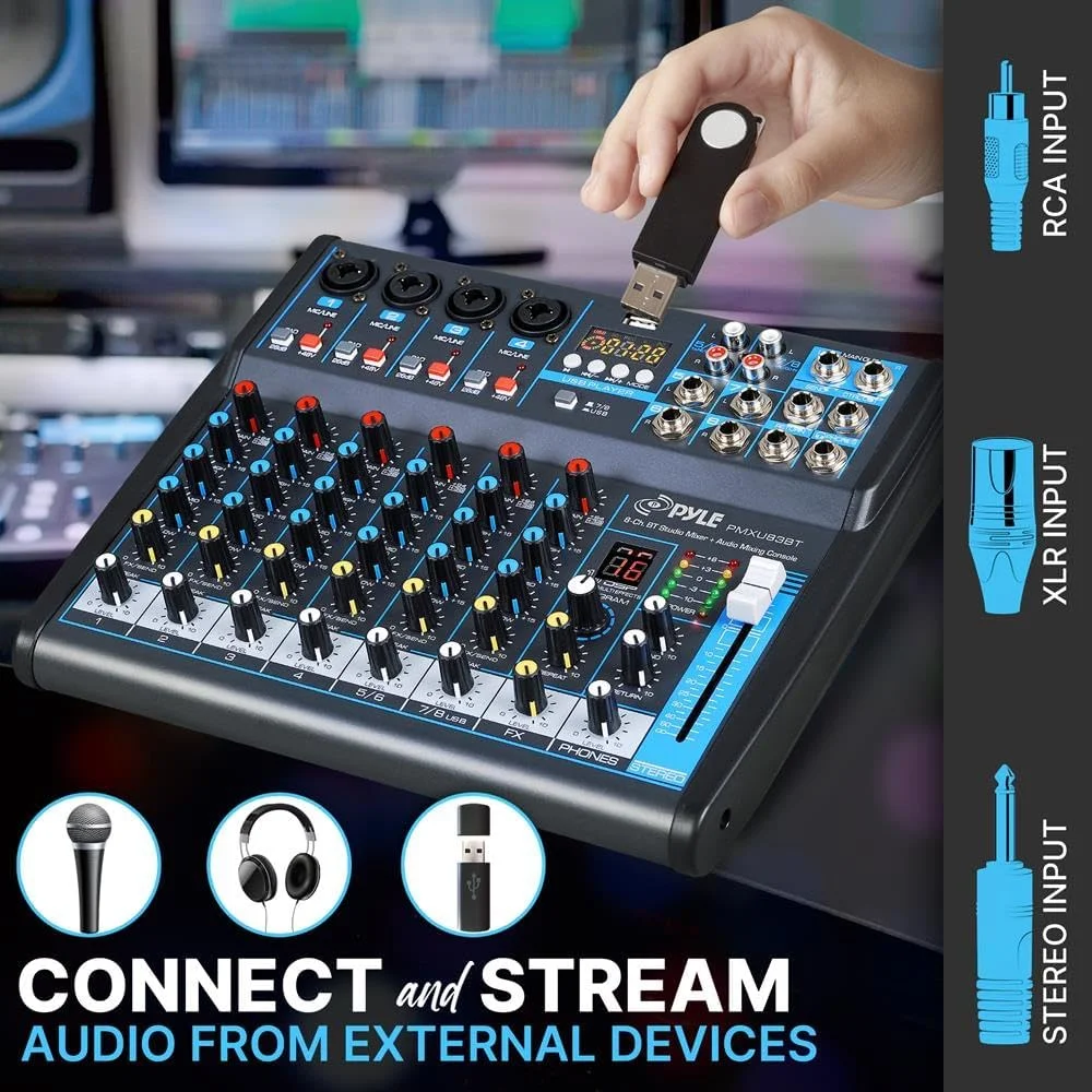 میکسر صوتی حرفه ای پایل، سیستم کنسول صدا، رابط میز، 8 کانال دیجیتال USB بلوتوث MP3 ورودی کامپیوتر فانتوم پاور 48 ولت استریو DJ استودیو FX پردازنده 16 بیتی DSP مدل PMXU83BT، مشکی میکسر صوتی حرفه ای پایل، سیستم کنسول صدا، رابط میز، 8 کانال دیجیتال USB بلوتوث MP3 ورودی کامپیوتر فانتوم پاور 48 ولت استریو DJ استودیو FX پردازنده 16 بیتی DSP مدل PMXU83BT، مشکی