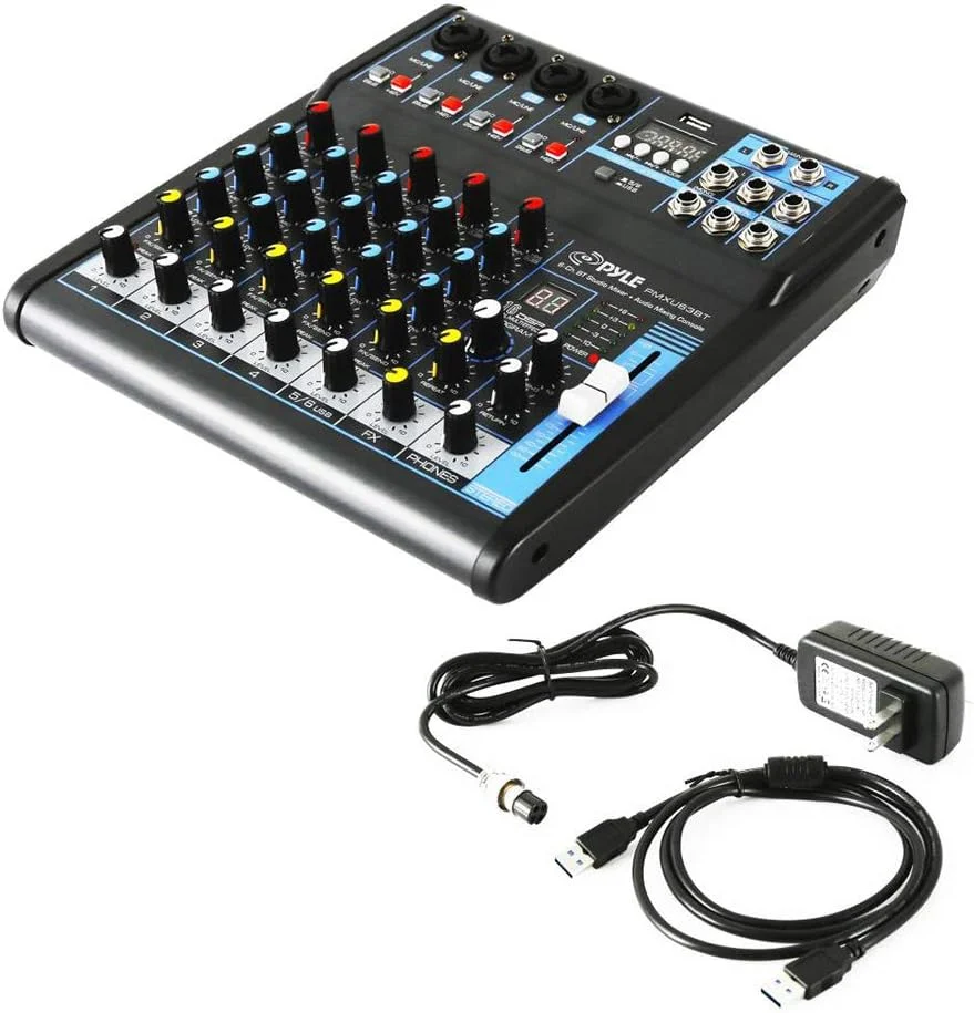 میکسر صوتی حرفه ای Pyle - کنسول رابط سیستم دسک با 6 کانال، USB، بلوتوث، ورودی کامپیوتر دیجیتال MP3، فانتوم پاور 48 ولت، FX 16 بیت DSP- PMXU63BT، مشکی میکسر صوتی حرفه ای Pyle - کنسول رابط سیستم دسک با 6 کانال، USB، بلوتوث، ورودی کامپیوتر دیجیتال MP3، فانتوم پاور 48 ولت، FX 16 بیت DSP- PMXU63BT، مشکی