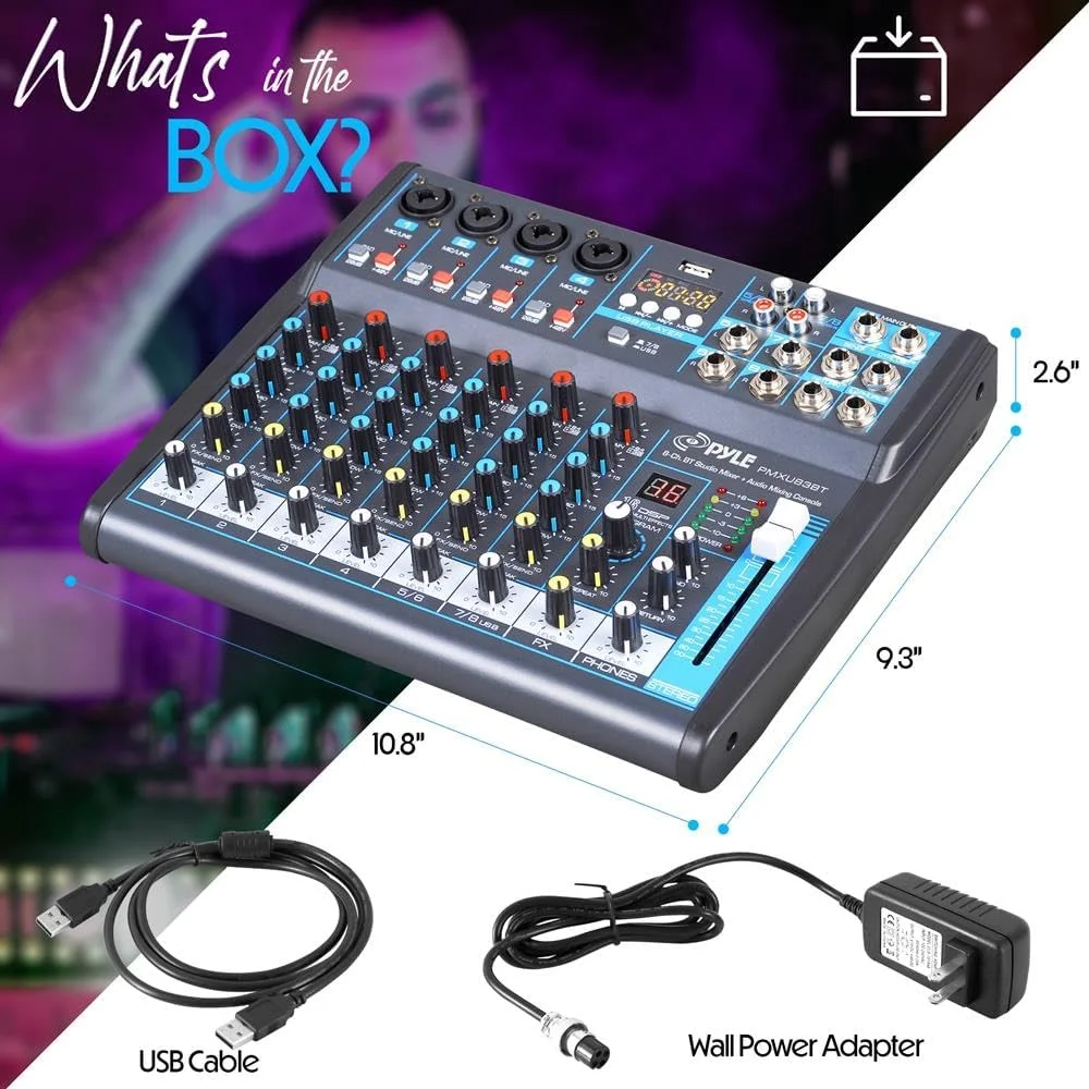 میکسر صوتی حرفه ای پایل، سیستم کنسول صدا، رابط میز، 8 کانال دیجیتال USB بلوتوث MP3 ورودی کامپیوتر فانتوم پاور 48 ولت استریو DJ استودیو FX پردازنده 16 بیتی DSP مدل PMXU83BT، مشکی میکسر صوتی حرفه ای پایل، سیستم کنسول صدا، رابط میز، 8 کانال دیجیتال USB بلوتوث MP3 ورودی کامپیوتر فانتوم پاور 48 ولت استریو DJ استودیو FX پردازنده 16 بیتی DSP مدل PMXU83BT، مشکی