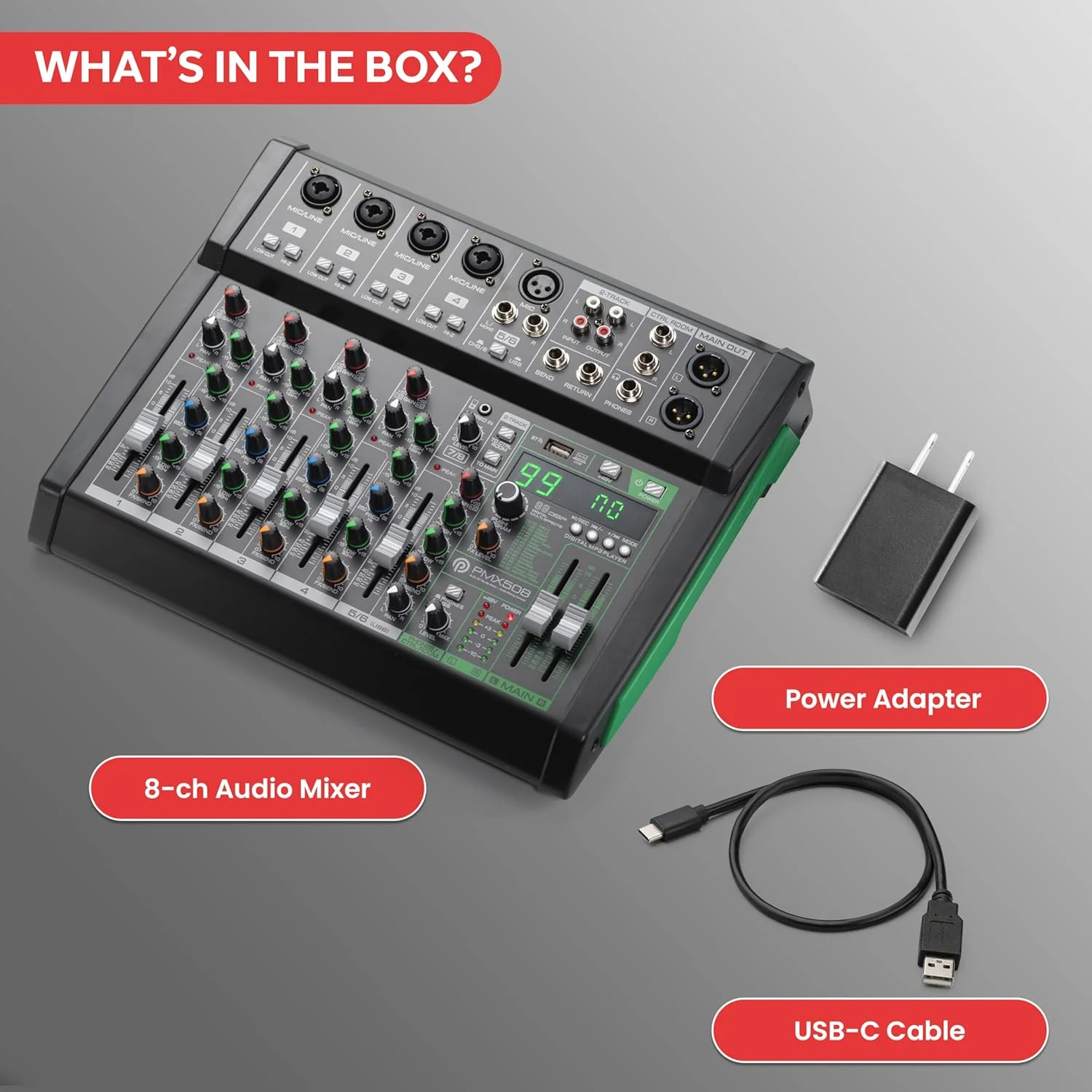 میکسر صوتی 8 کاناله Pyle - میکسر استودیو/کنترلر DJ بلوتوث 5.0 با افکت های دیجیتال - رابط USB - سازگار با MP3 - ورودی های XLR و نمایشگر LED - سیستم برد صدای میکس صدا - PMX508 میکسر صوتی 8 کاناله Pyle - میکسر استودیو/کنترلر DJ بلوتوث 5.0 با افکت های دیجیتال - رابط USB - سازگار با MP3 - ورودی های XLR و نمایشگر LED - سیستم برد صدای میکس صدا - PMX508