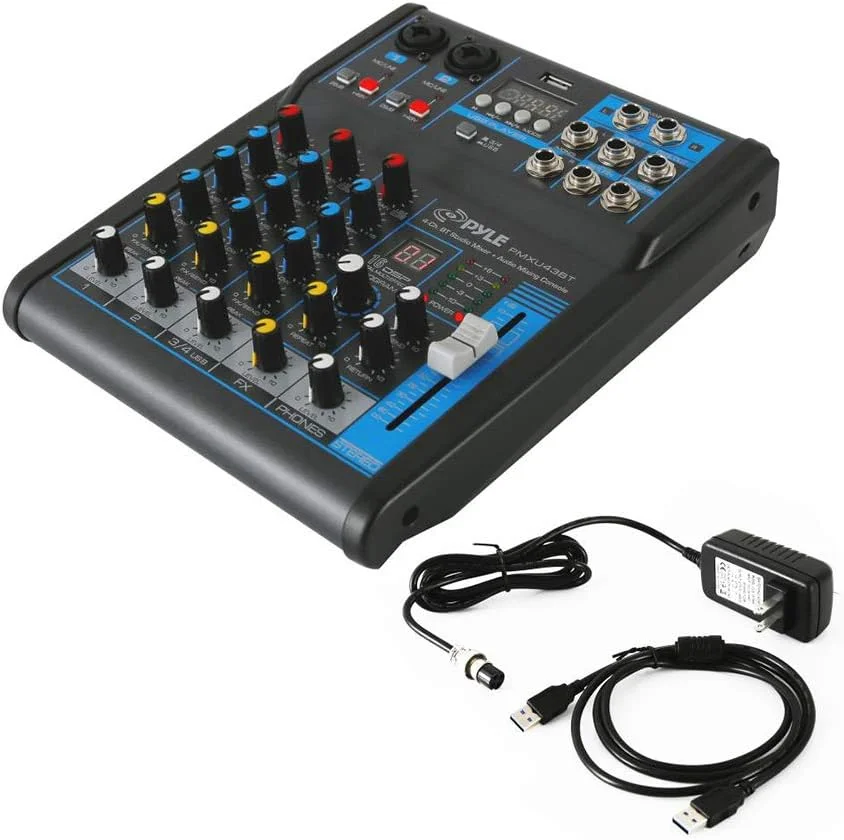 میکسر صوتی حرفه ای پایل، سیستم کنسول برد صدا، رابط 4 کانال دیجیتال USB بلوتوث MP3 ورودی کامپیوتر، فانتوم پاور 48 ولت، استریو DJ استودیو، استریمینگ FX پردازنده 16 بیتی DSP - PMXU43BT
