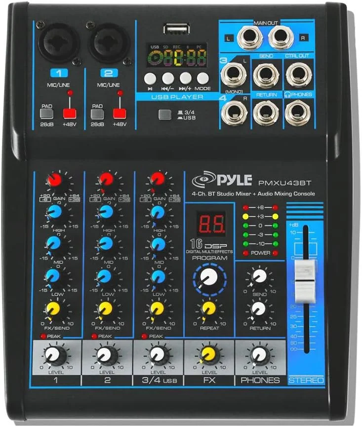 میکسر صوتی حرفه ای پایل، سیستم کنسول برد صدا، رابط 4 کانال دیجیتال USB بلوتوث MP3 ورودی کامپیوتر، فانتوم پاور 48 ولت، استریو DJ استودیو، استریمینگ FX پردازنده 16 بیتی DSP - PMXU43BT میکسر صوتی حرفه ای پایل، سیستم کنسول برد صدا، رابط 4 کانال دیجیتال USB بلوتوث MP3 ورودی کامپیوتر، فانتوم پاور 48 ولت، استریو DJ استودیو، استریمینگ FX پردازنده 16 بیتی DSP - PMXU43BT