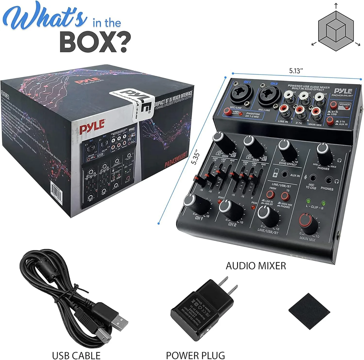 Pyle Professional Wireless DJ Audio Mixer - 4 Channel Bluetooth Controller Sound Mixer, USB Audio Interface, 2 Combo Jack XLR+6.35mm Mic/Line/Guitar in, 3.5mm, RCA AUX, Headphone Jack - PAD43MXUBT Pyle Professional Wireless DJ Audio Mixer - 4 Channel Bluetooth Controller Sound Mixer, USB Audio Interface, 2 Combo Jack XLR+6.35mm Mic/Line/Guitar in, 3.5mm, RCA AUX, Headphone Jack - PAD43MXUBT