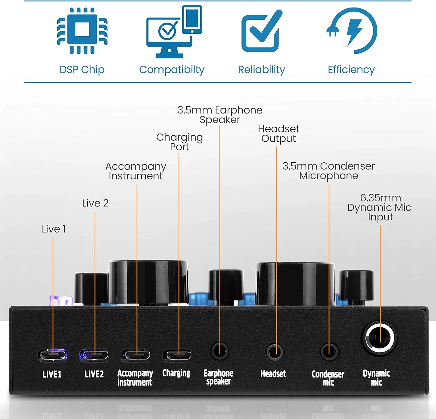 Pyle PKSCRD208 Bluetooth Mini Audio Interface Mixer - 2 Channels, DSP Noise Reduction, 6 Sound Modes, 12 Sound Effects, USB Connectivity, Compatible with Smartphone, PC, Laptop Pyle PKSCRD208 Bluetooth Mini Audio Interface Mixer - 2 Channels, DSP Noise Reduction, 6 Sound Modes, 12 Sound Effects, USB Connectivity, Compatible with Smartphone, PC, Laptop