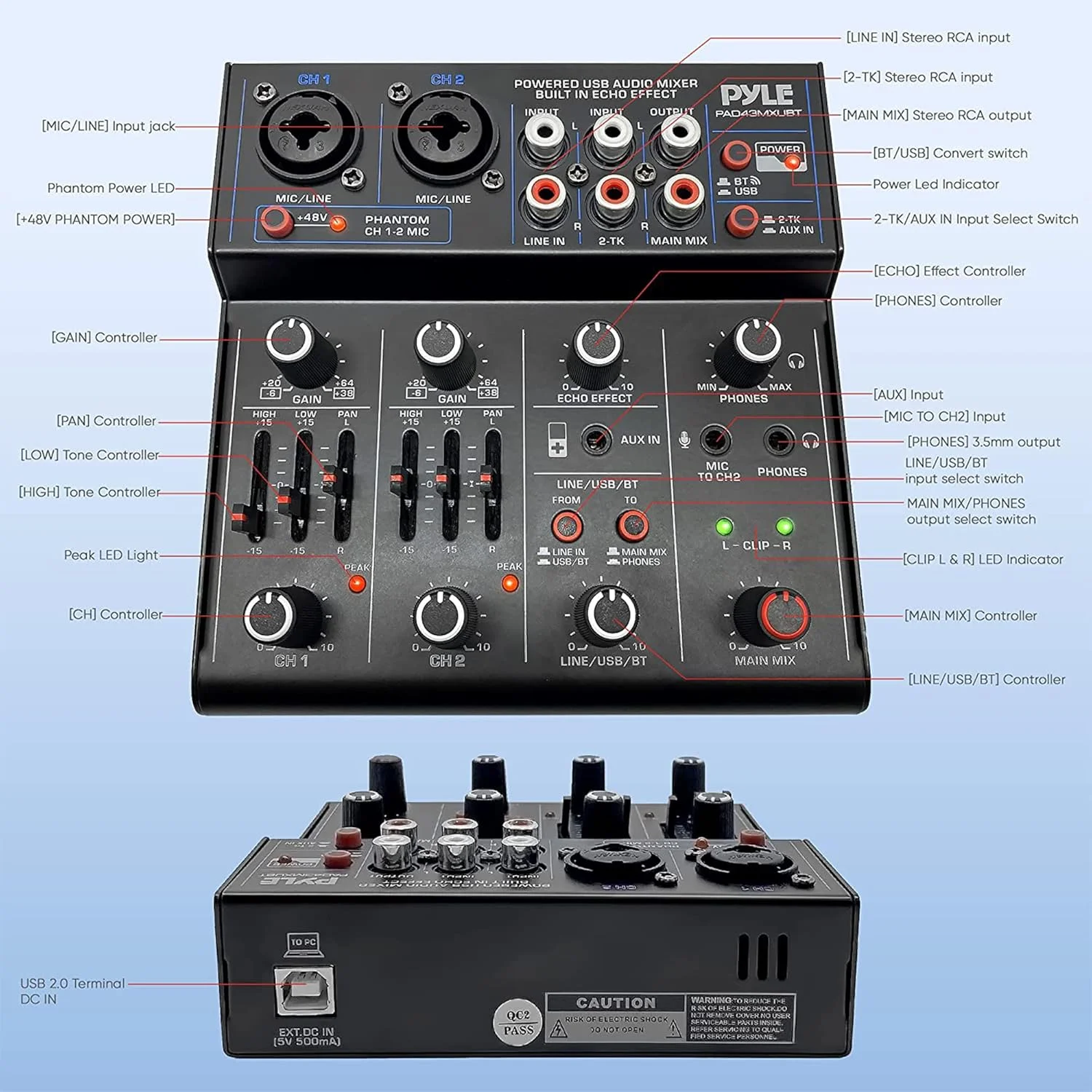 Pyle Professional Wireless DJ Audio Mixer - 4 Channel Bluetooth Controller Sound Mixer, USB Audio Interface, 2 Combo Jack XLR+6.35mm Mic/Line/Guitar in, 3.5mm, RCA AUX, Headphone Jack - PAD43MXUBT Pyle Professional Wireless DJ Audio Mixer - 4 Channel Bluetooth Controller Sound Mixer, USB Audio Interface, 2 Combo Jack XLR+6.35mm Mic/Line/Guitar in, 3.5mm, RCA AUX, Headphone Jack - PAD43MXUBT