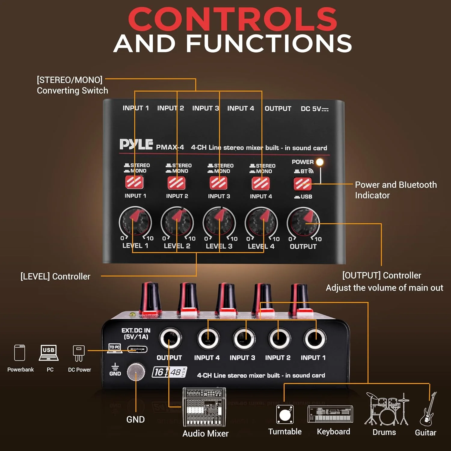 4-Channel Wireless BT Streaming Mini Line Mixer with USB Audio Interface - 4 Mono/Stereo Switching Inputs | Ultra-low Noise Design with High Headroom | Built-in USB Sound Card 4-Channel Wireless BT Streaming Mini Line Mixer with USB Audio Interface - 4 Mono/Stereo Switching Inputs | Ultra-low Noise Design with High Headroom | Built-in USB Sound Card