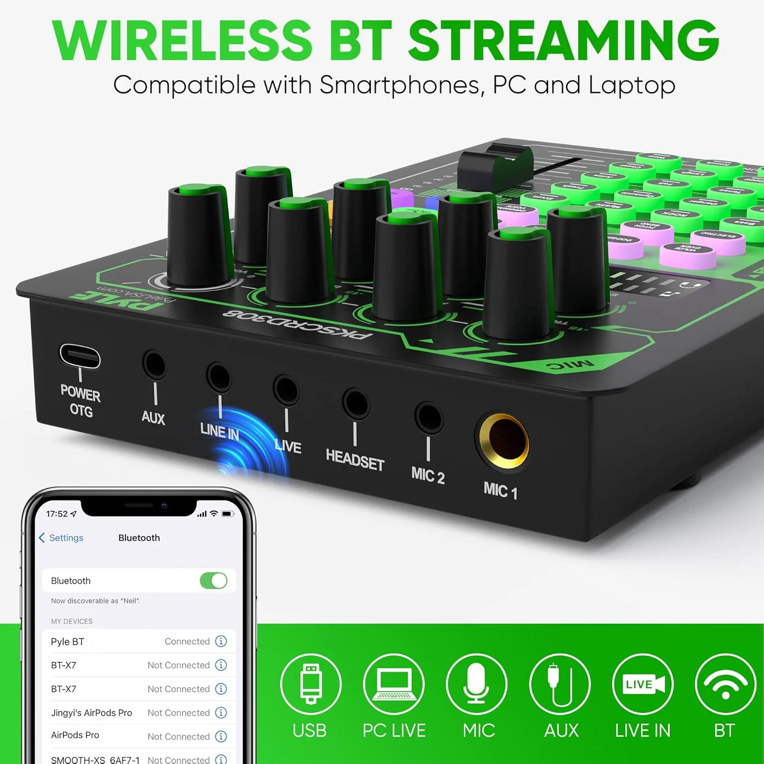 کارت صدای پخش زنده بلوتوثی قابل حمل Pyle، میکسر DJ رابط صوتی حرفه ای با میکروفون کاندنسر، برای استریم پادکست، استودیو، ضبط کامپیوتر، بازی، تلفن، با FX و صداهای محیطی