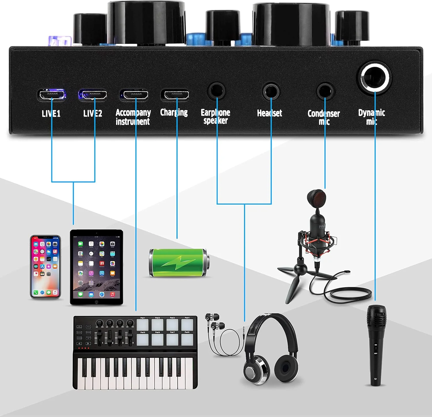 Pyle PKSCRD208 Bluetooth Mini Audio Interface Mixer - 2 Channels, DSP Noise Reduction, 6 Sound Modes, 12 Sound Effects, USB Connectivity, Compatible with Smartphone, PC, Laptop Pyle PKSCRD208 Bluetooth Mini Audio Interface Mixer - 2 Channels, DSP Noise Reduction, 6 Sound Modes, 12 Sound Effects, USB Connectivity, Compatible with Smartphone, PC, Laptop