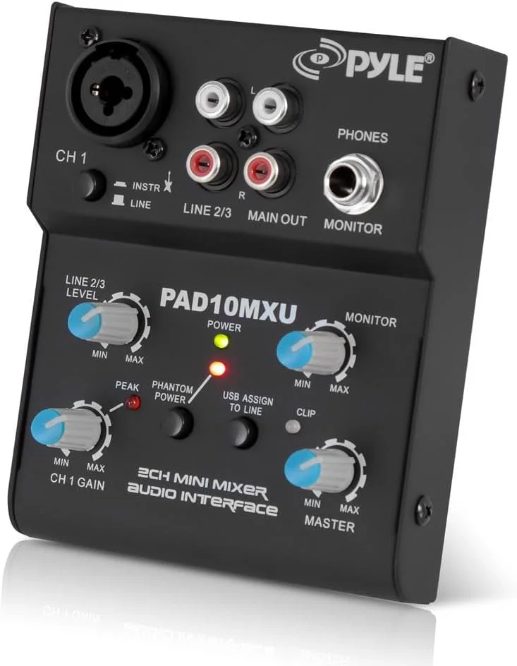 Pyle 2-Channel Audio Mixer - DJ Sound Controller Interface with USB Soundcard for PC Recording, XLR and 3.5mm Microphone Jack, 18V Power, RCA Input and Output for Professional and Beginners - PAD10MXU