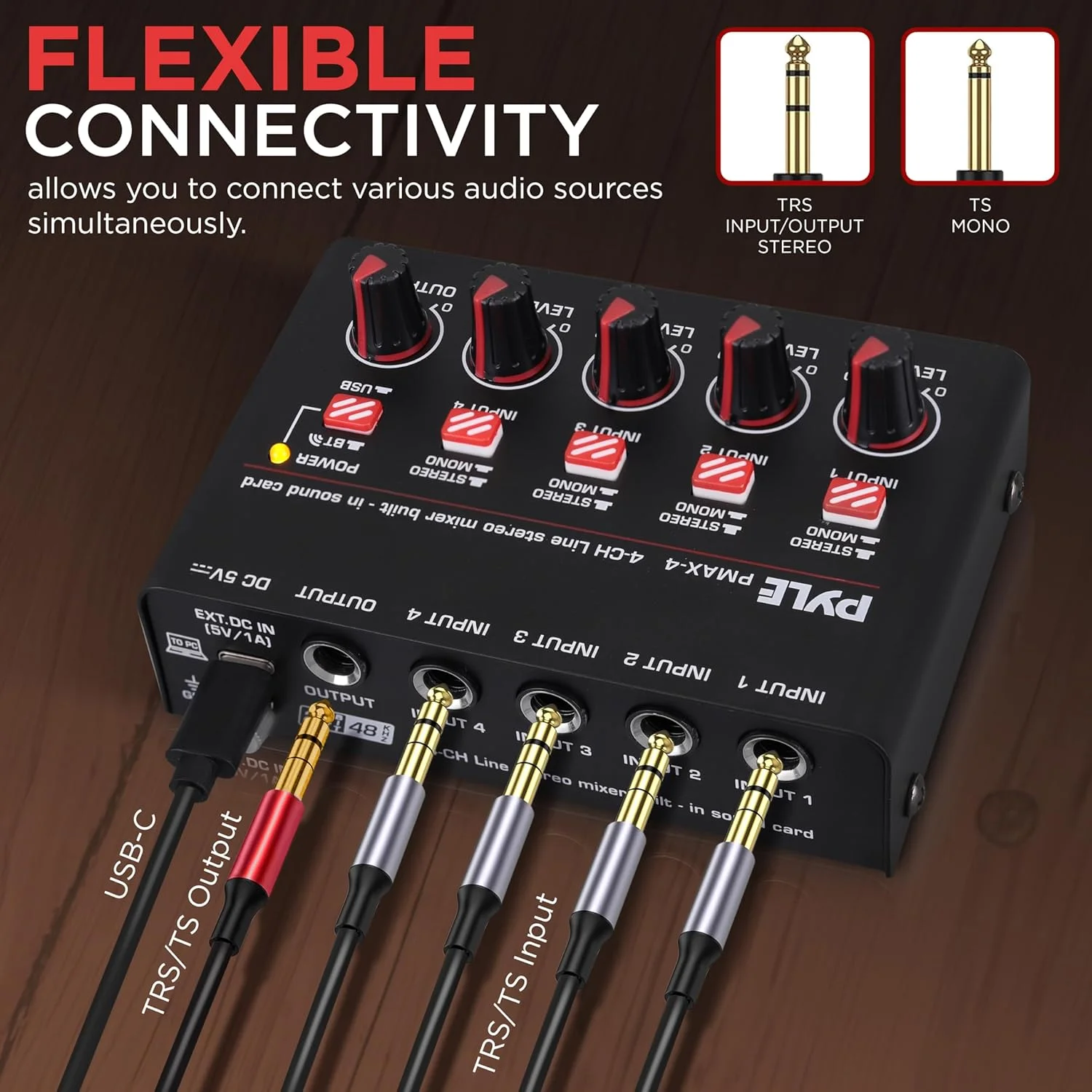4-Channel Wireless BT Streaming Mini Line Mixer with USB Audio Interface - 4 Mono/Stereo Switching Inputs | Ultra-low Noise Design with High Headroom | Built-in USB Sound Card 4-Channel Wireless BT Streaming Mini Line Mixer with USB Audio Interface - 4 Mono/Stereo Switching Inputs | Ultra-low Noise Design with High Headroom | Built-in USB Sound Card