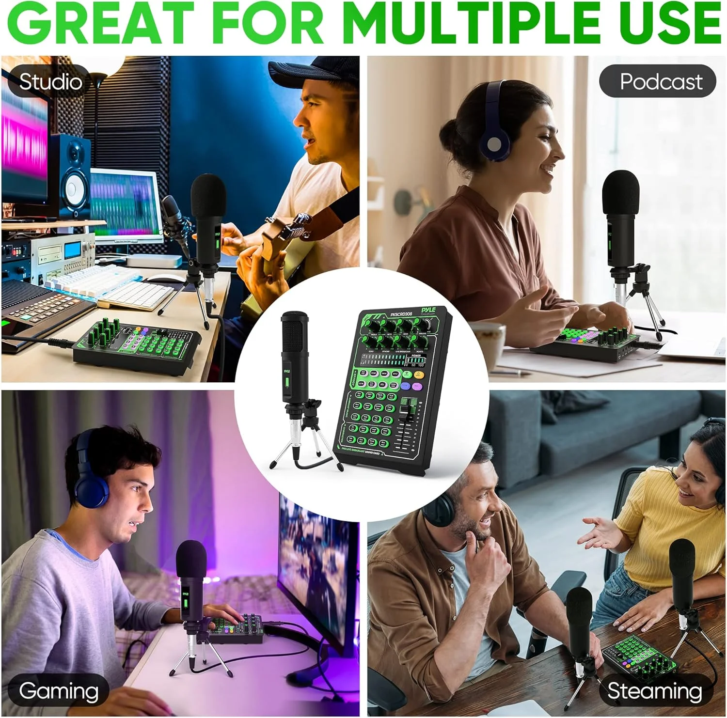 کارت صدای پخش زنده بلوتوثی قابل حمل Pyle، میکسر DJ رابط صوتی حرفه ای با میکروفون کاندنسر، برای استریم پادکست، استودیو، ضبط کامپیوتر، بازی، تلفن، با FX و صداهای محیطی