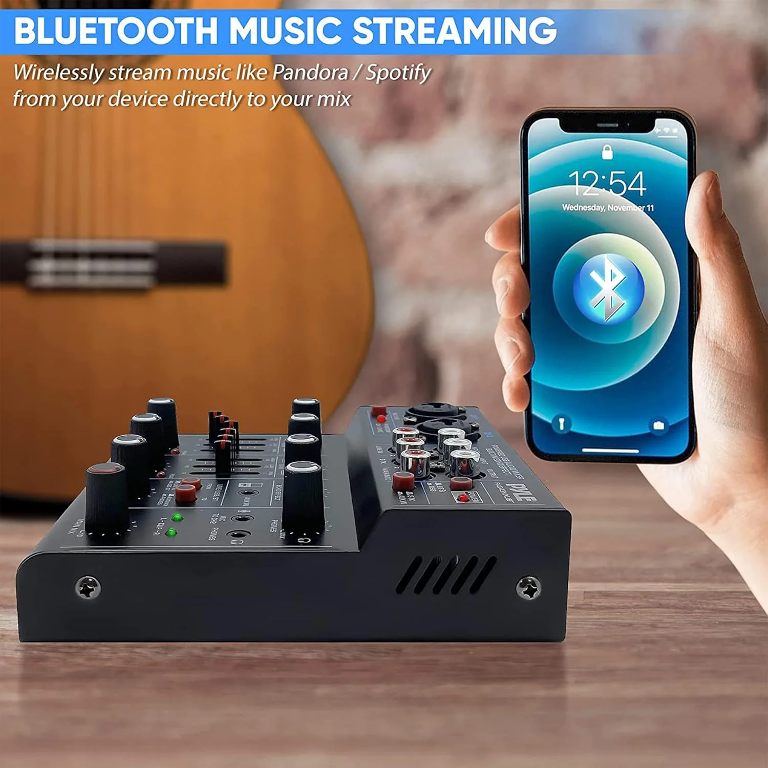 Pyle Professional Wireless DJ Audio Mixer - 4 Channel Bluetooth Controller Sound Mixer, USB Audio Interface, 2 Combo Jack XLR+6.35mm Mic/Line/Guitar in, 3.5mm, RCA AUX, Headphone Jack - PAD43MXUBT Pyle Professional Wireless DJ Audio Mixer - 4 Channel Bluetooth Controller Sound Mixer, USB Audio Interface, 2 Combo Jack XLR+6.35mm Mic/Line/Guitar in, 3.5mm, RCA AUX, Headphone Jack - PAD43MXUBT