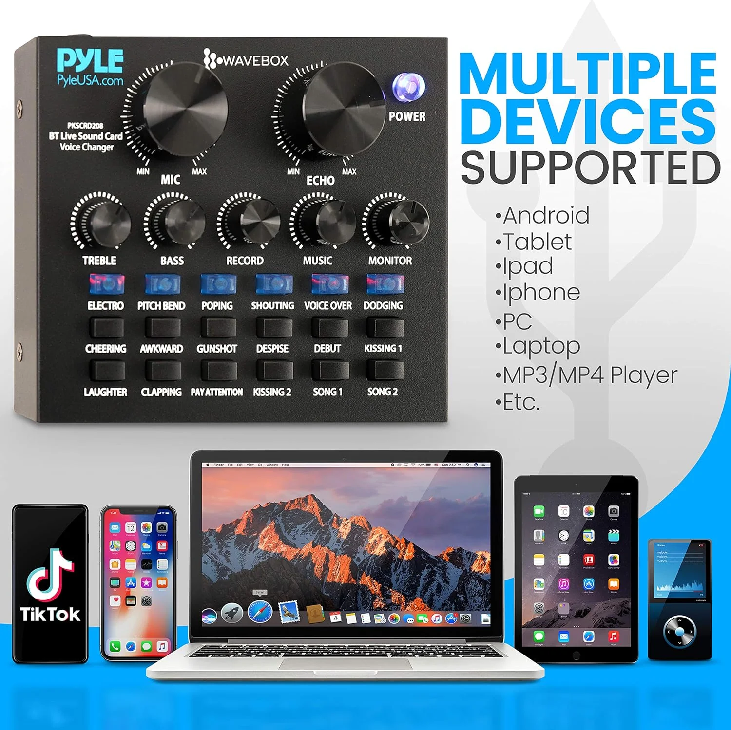 Pyle PKSCRD208 Bluetooth Mini Audio Interface Mixer - 2 Channels, DSP Noise Reduction, 6 Sound Modes, 12 Sound Effects, USB Connectivity, Compatible with Smartphone, PC, Laptop Pyle PKSCRD208 Bluetooth Mini Audio Interface Mixer - 2 Channels, DSP Noise Reduction, 6 Sound Modes, 12 Sound Effects, USB Connectivity, Compatible with Smartphone, PC, Laptop