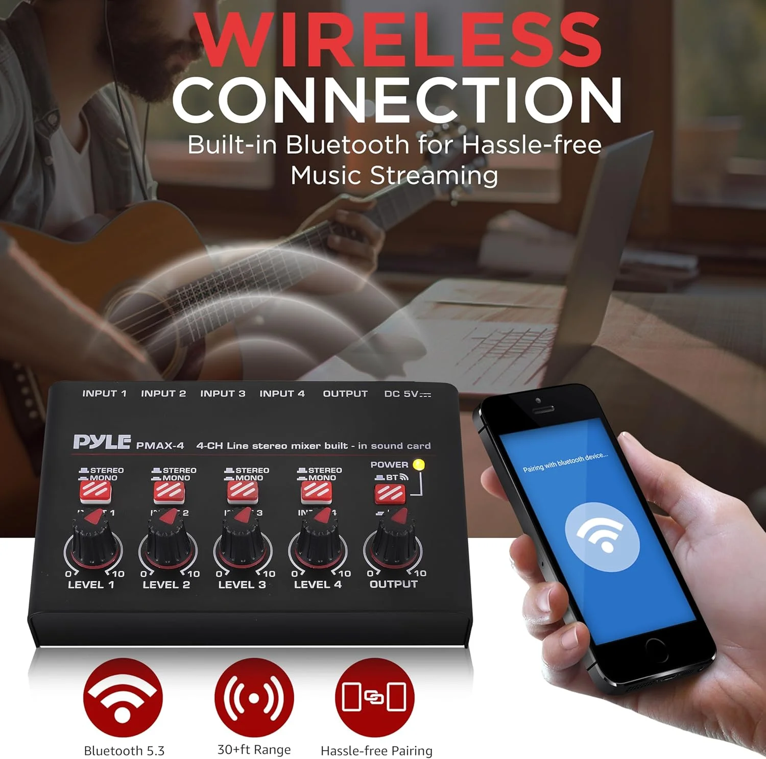 4-Channel Wireless BT Streaming Mini Line Mixer with USB Audio Interface - 4 Mono/Stereo Switching Inputs | Ultra-low Noise Design with High Headroom | Built-in USB Sound Card 4-Channel Wireless BT Streaming Mini Line Mixer with USB Audio Interface - 4 Mono/Stereo Switching Inputs | Ultra-low Noise Design with High Headroom | Built-in USB Sound Card