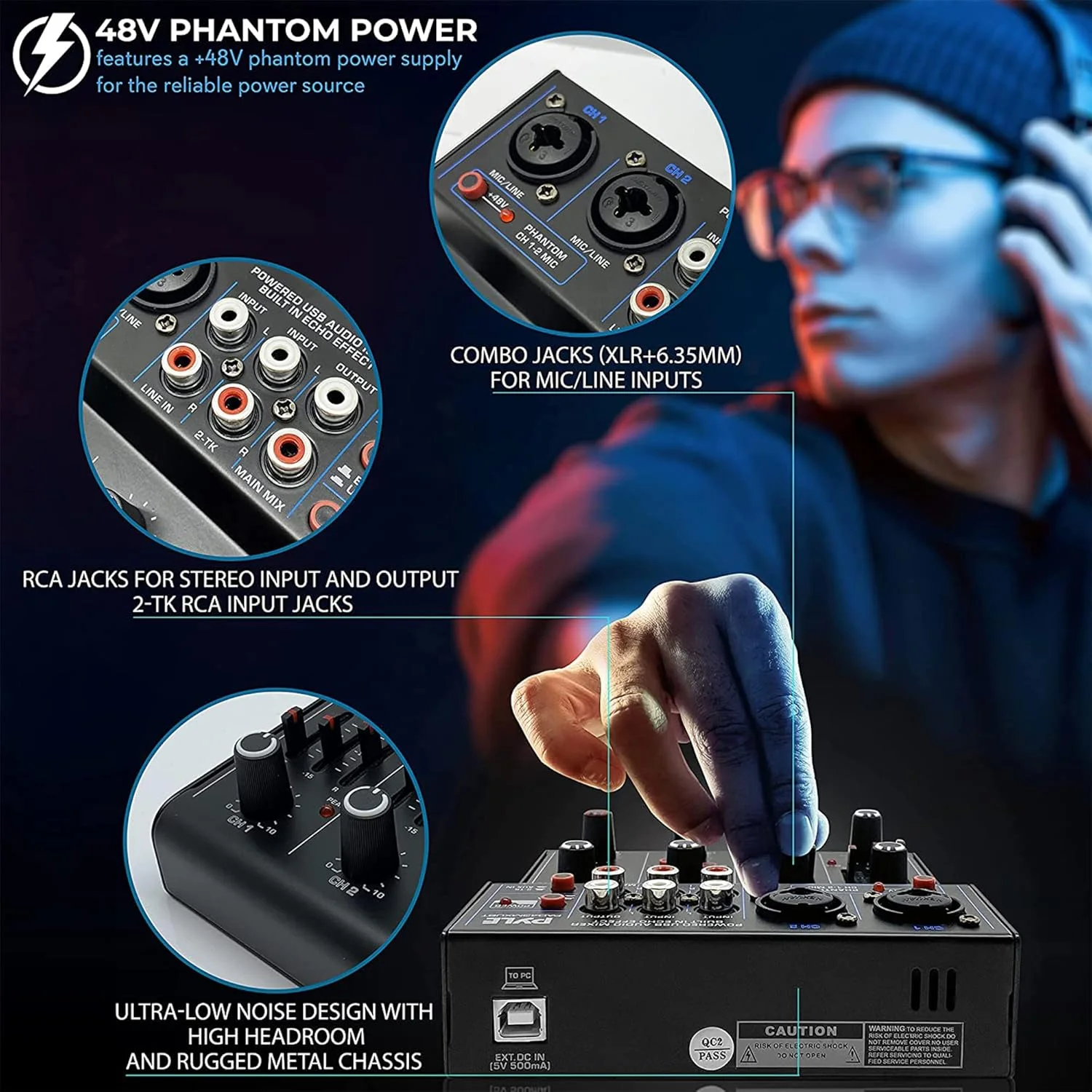 Pyle Professional Wireless DJ Audio Mixer - 4 Channel Bluetooth Controller Sound Mixer, USB Audio Interface, 2 Combo Jack XLR+6.35mm Mic/Line/Guitar in, 3.5mm, RCA AUX, Headphone Jack - PAD43MXUBT Pyle Professional Wireless DJ Audio Mixer - 4 Channel Bluetooth Controller Sound Mixer, USB Audio Interface, 2 Combo Jack XLR+6.35mm Mic/Line/Guitar in, 3.5mm, RCA AUX, Headphone Jack - PAD43MXUBT