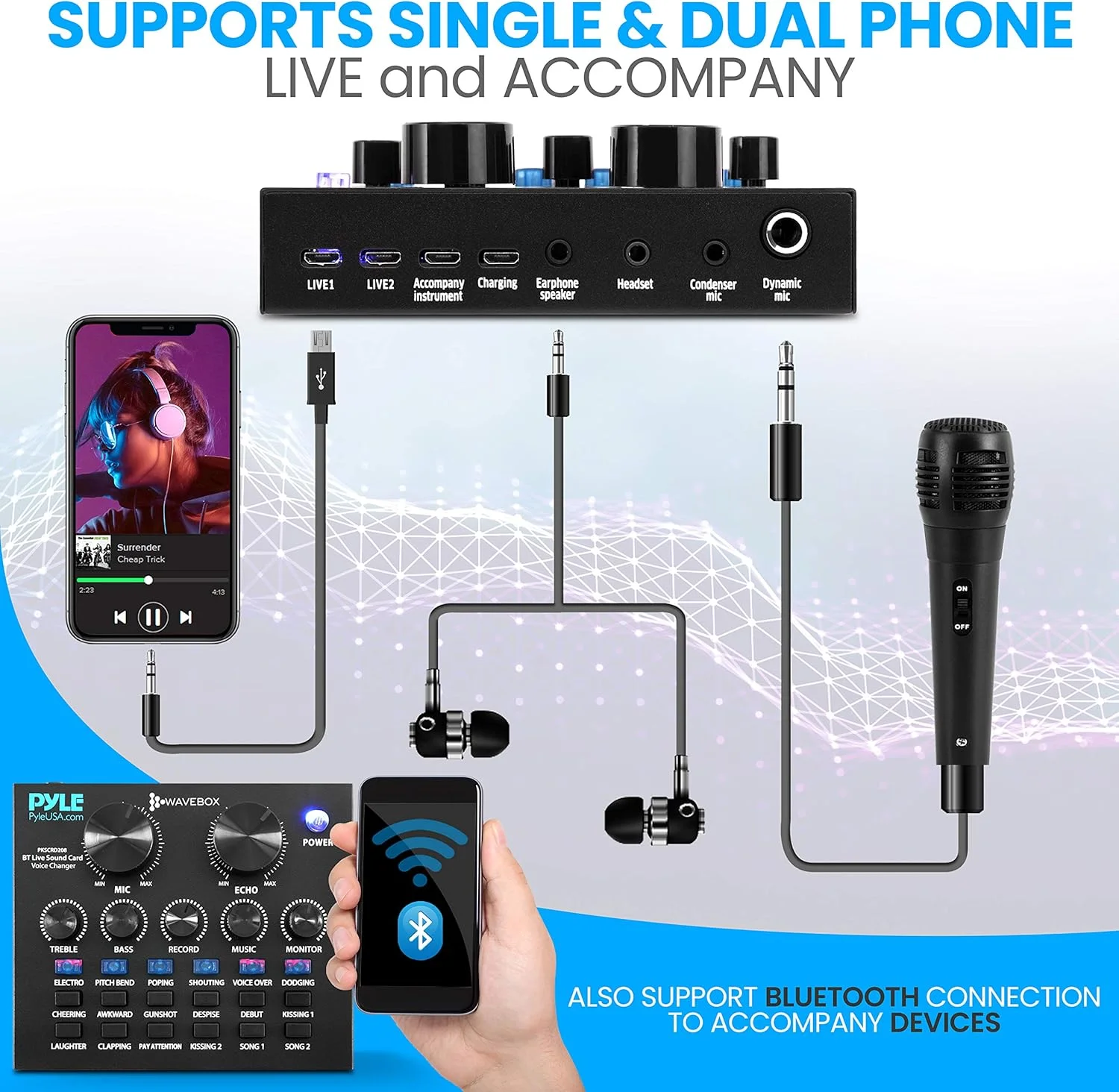 Pyle PKSCRD208 Bluetooth Mini Audio Interface Mixer - 2 Channels, DSP Noise Reduction, 6 Sound Modes, 12 Sound Effects, USB Connectivity, Compatible with Smartphone, PC, Laptop Pyle PKSCRD208 Bluetooth Mini Audio Interface Mixer - 2 Channels, DSP Noise Reduction, 6 Sound Modes, 12 Sound Effects, USB Connectivity, Compatible with Smartphone, PC, Laptop