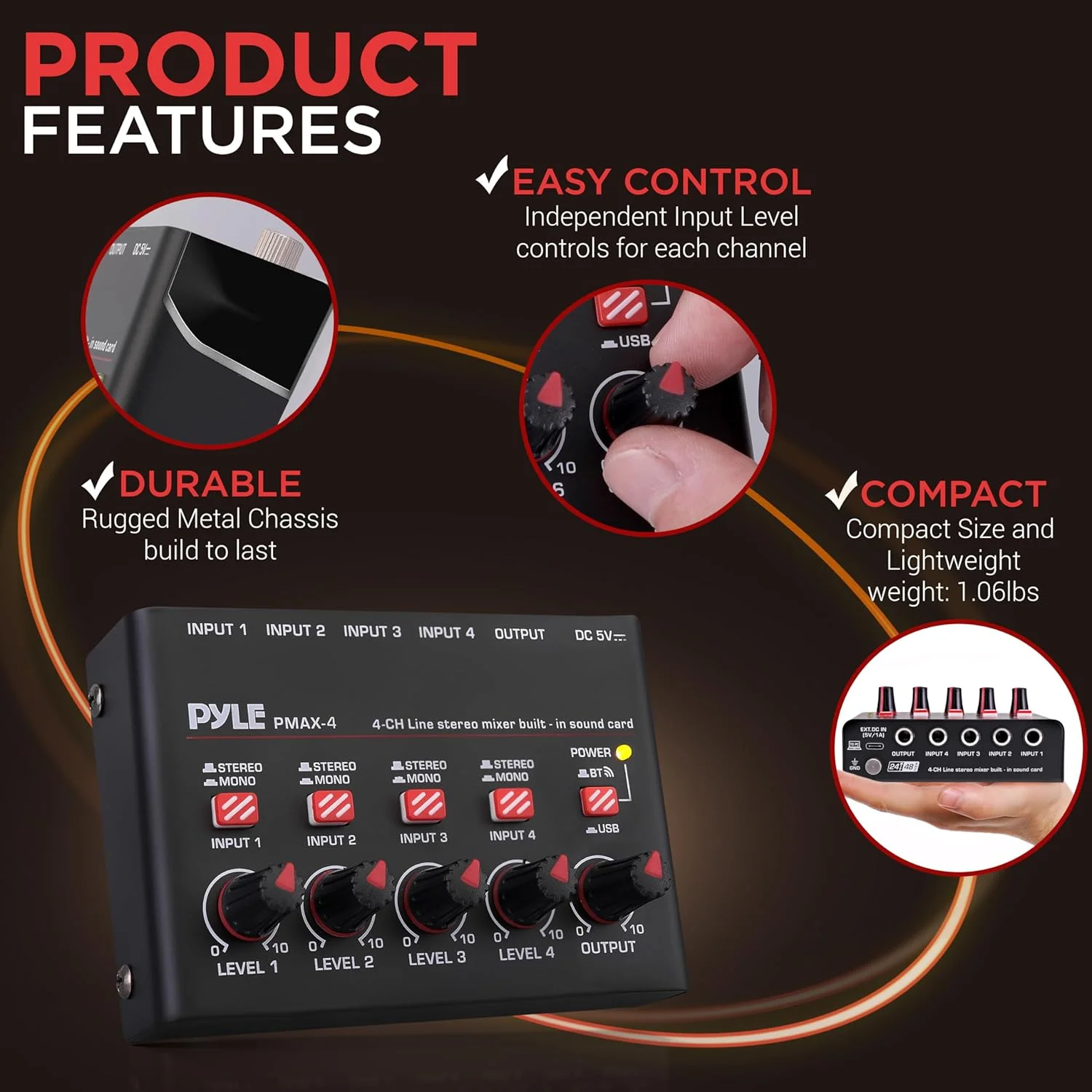 4-Channel Wireless BT Streaming Mini Line Mixer with USB Audio Interface - 4 Mono/Stereo Switching Inputs | Ultra-low Noise Design with High Headroom | Built-in USB Sound Card 4-Channel Wireless BT Streaming Mini Line Mixer with USB Audio Interface - 4 Mono/Stereo Switching Inputs | Ultra-low Noise Design with High Headroom | Built-in USB Sound Card