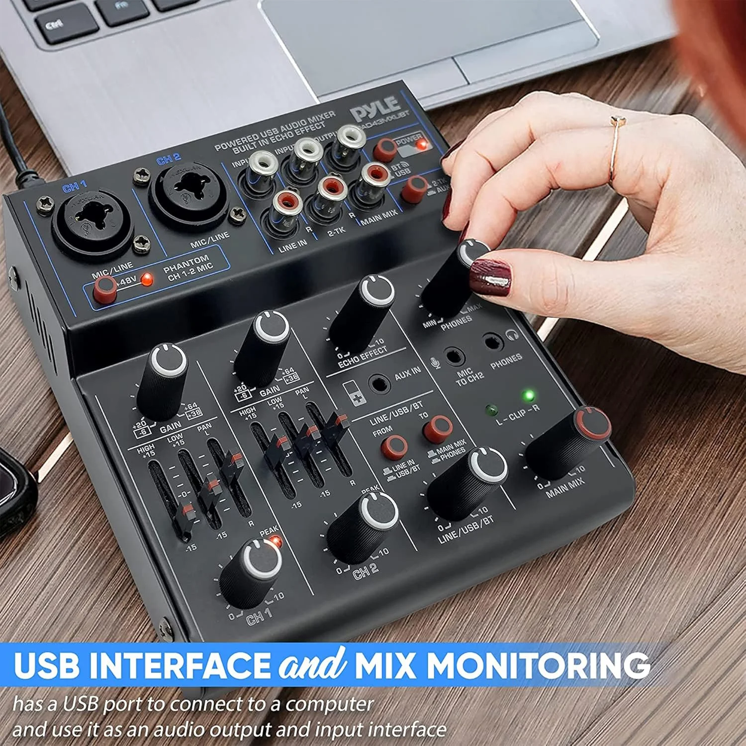 Pyle Professional Wireless DJ Audio Mixer - 4 Channel Bluetooth Controller Sound Mixer, USB Audio Interface, 2 Combo Jack XLR+6.35mm Mic/Line/Guitar in, 3.5mm, RCA AUX, Headphone Jack - PAD43MXUBT Pyle Professional Wireless DJ Audio Mixer - 4 Channel Bluetooth Controller Sound Mixer, USB Audio Interface, 2 Combo Jack XLR+6.35mm Mic/Line/Guitar in, 3.5mm, RCA AUX, Headphone Jack - PAD43MXUBT