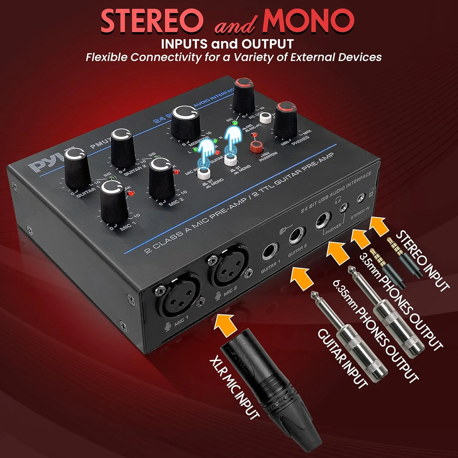 اینترفیس صوتی USB حرفه ای با ورودی های استریو MIC، گیتار، AUX، خروجی های تلفن/مانیتور، ایده آل برای پخش و ضبط کامپیوتر، بدنه فلزی مقاوم و جمع و جور - PMUX6 اینترفیس صوتی USB حرفه ای با ورودی های استریو MIC، گیتار، AUX، خروجی های تلفن/مانیتور، ایده آل برای پخش و ضبط کامپیوتر، بدنه فلزی مقاوم و جمع و جور - PMUX6