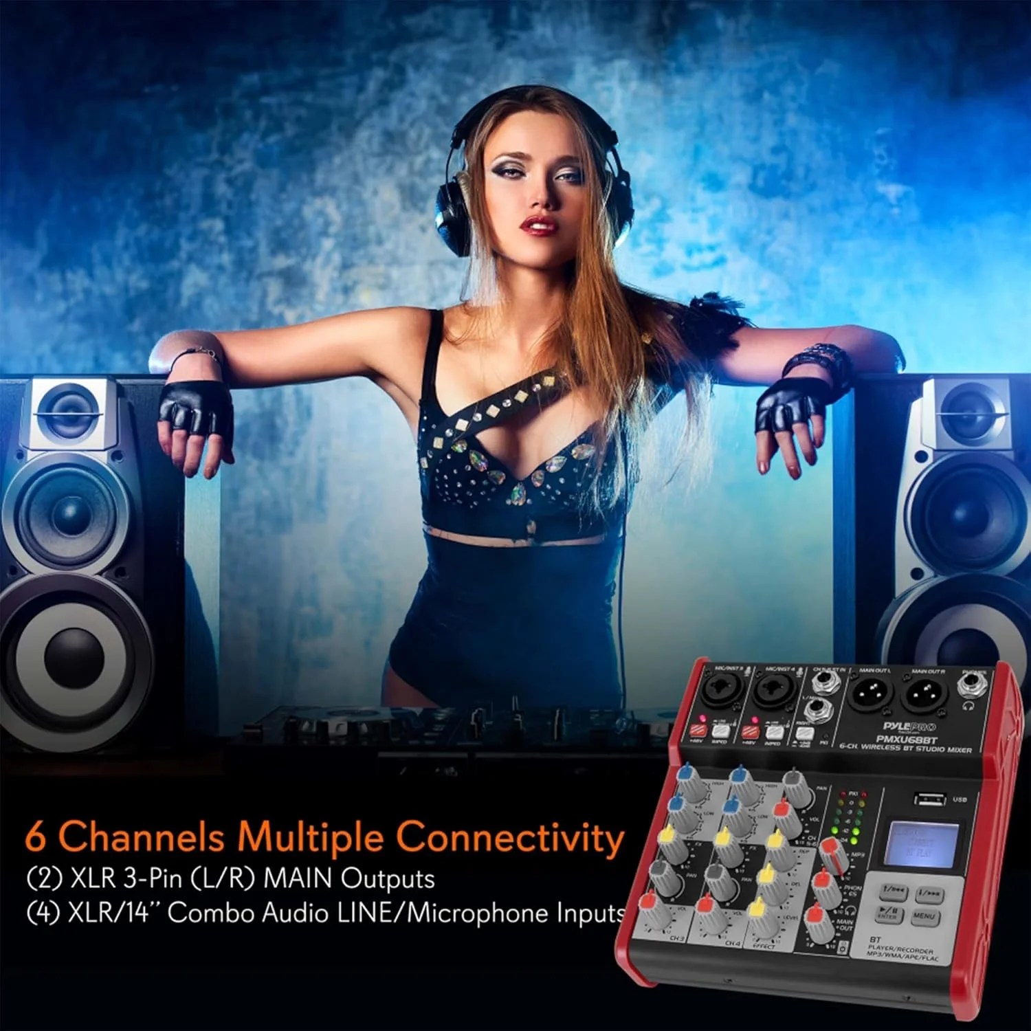 Pyle Professional Wireless DJ Audio Mixer - 4 Channel Bluetooth Controller Sound Mixer, USB Audio Interface, 2 Combo Jack XLR+6.35mm Mic/Line/Guitar in, 3.5mm, RCA AUX, Headphone Jack - PAD43MXUBT Pyle Professional Wireless DJ Audio Mixer - 4 Channel Bluetooth Controller Sound Mixer, USB Audio Interface, 2 Combo Jack XLR+6.35mm Mic/Line/Guitar in, 3.5mm, RCA AUX, Headphone Jack - PAD43MXUBT