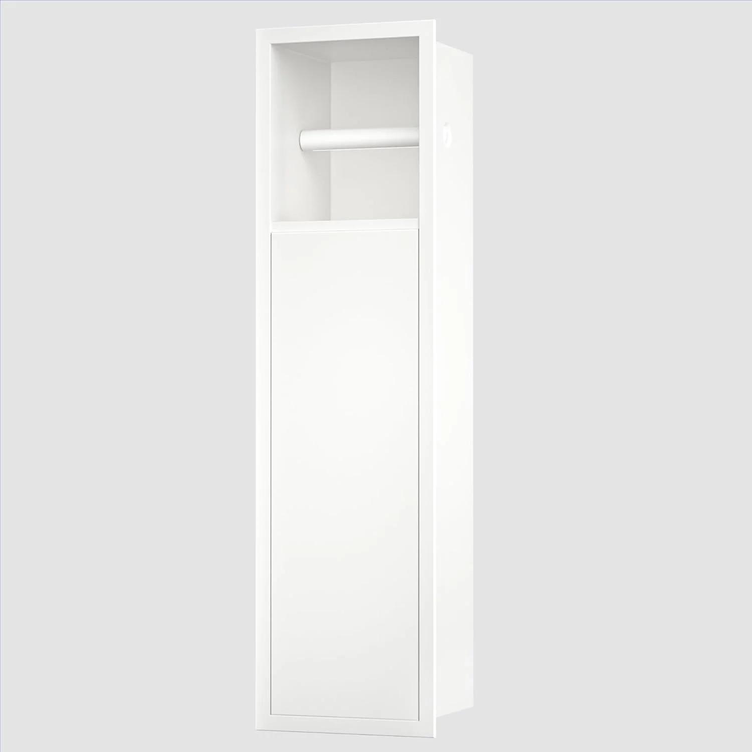 ماژول کابینتی توکار Bernkot استیل ضد زنگ برای ست برس توالت، کابینت حمام با نگهدارنده کاغذ توالت، با درب کشویی، 63 x 15 x 15 سانتی متر، سفید