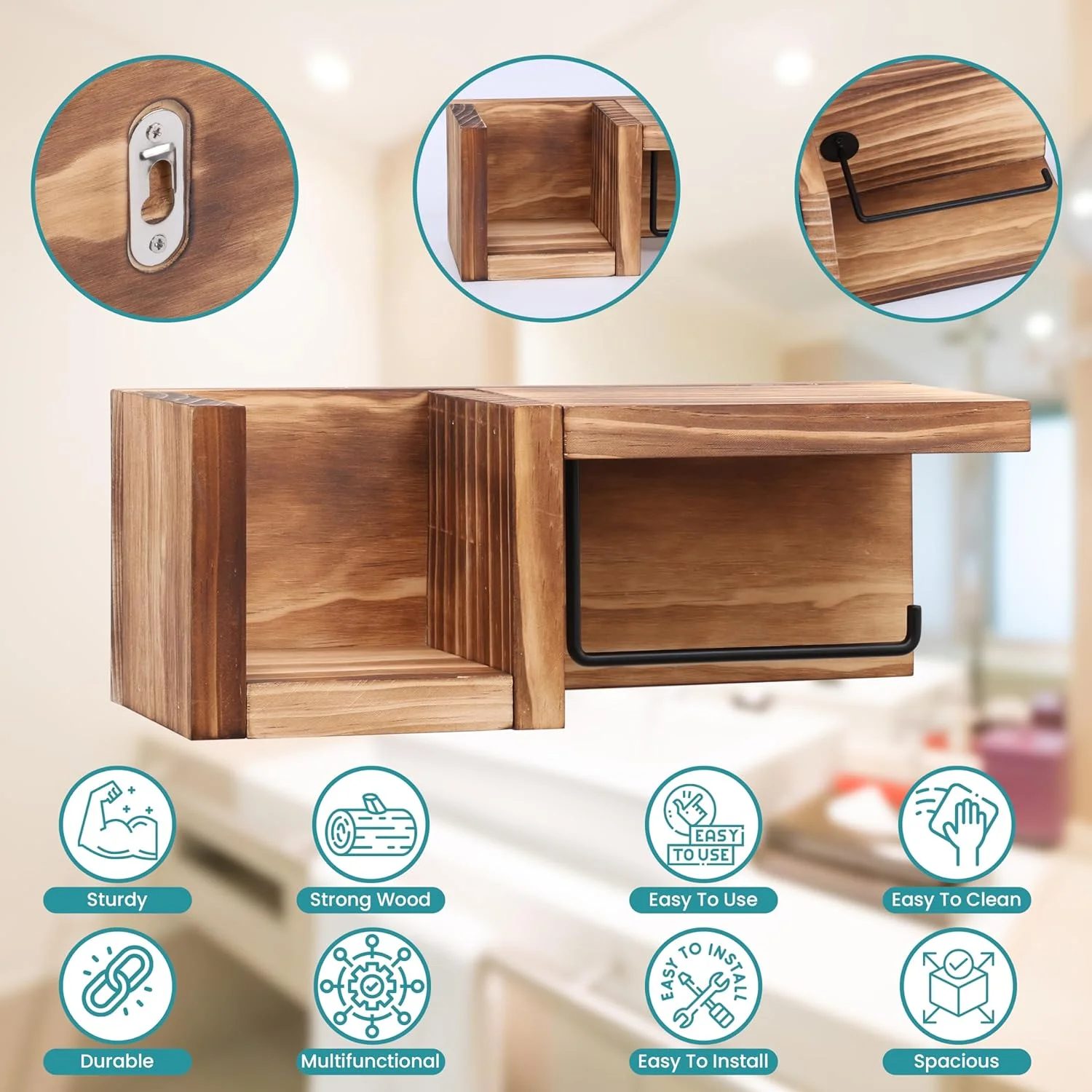 جا دستمال کاغذی چوبی Belle Vous با قفسه - جا رولی دستمال توالت دیواری روستایی برای دکور و لوازم جانبی حمام - قفسه نمایشگر ذخیره سازی