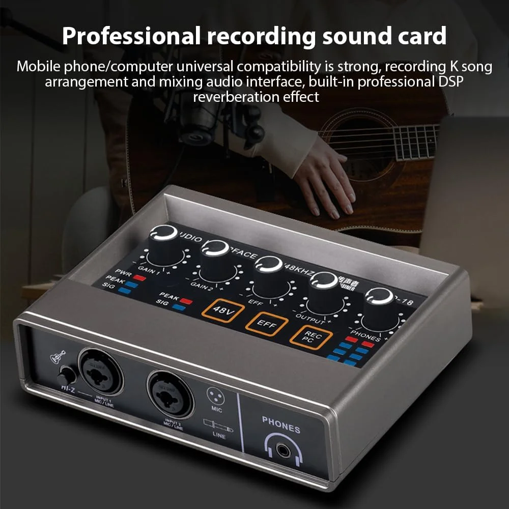 اینترفیس صوتی حرفه ای XLR با Reverb، فانتوم پاور 48 ولت، رزولوشن 16bit48kHz برای موسیقی و کارائوکه، Plug and Play