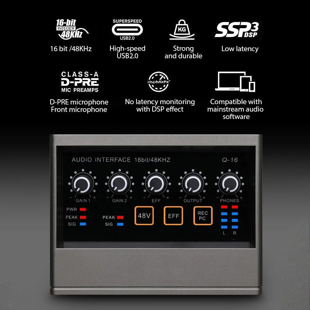 اینترفیس صوتی حرفه ای XLR با Reverb، فانتوم پاور 48 ولت، رزولوشن 16bit48kHz برای موسیقی و کارائوکه، Plug and Play